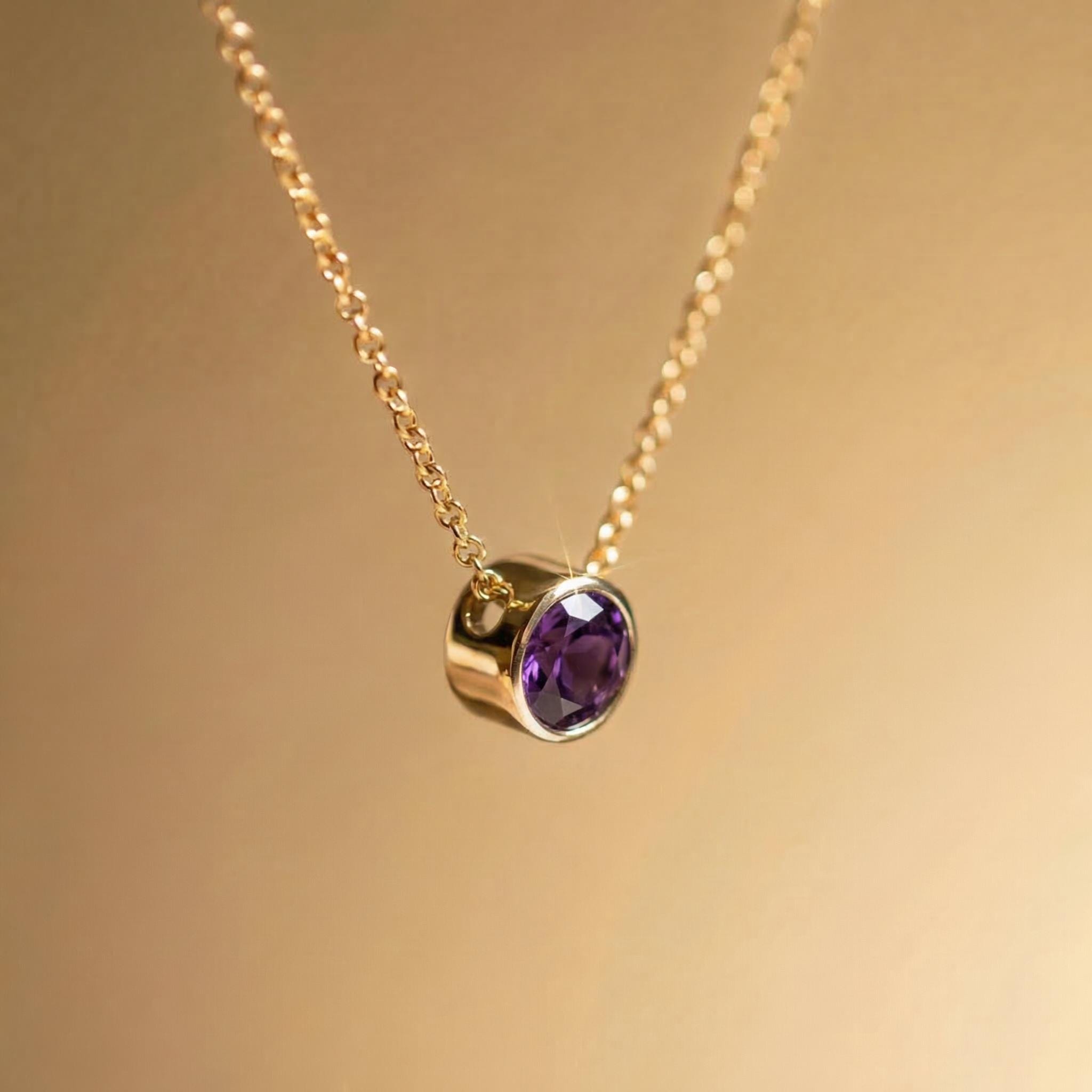 Minimalist Amethyst Solitaire Necklace | 14K Gold Bezel Set February Birthstone Pendant | Dainty Gemstone Jewelry Gift for Her