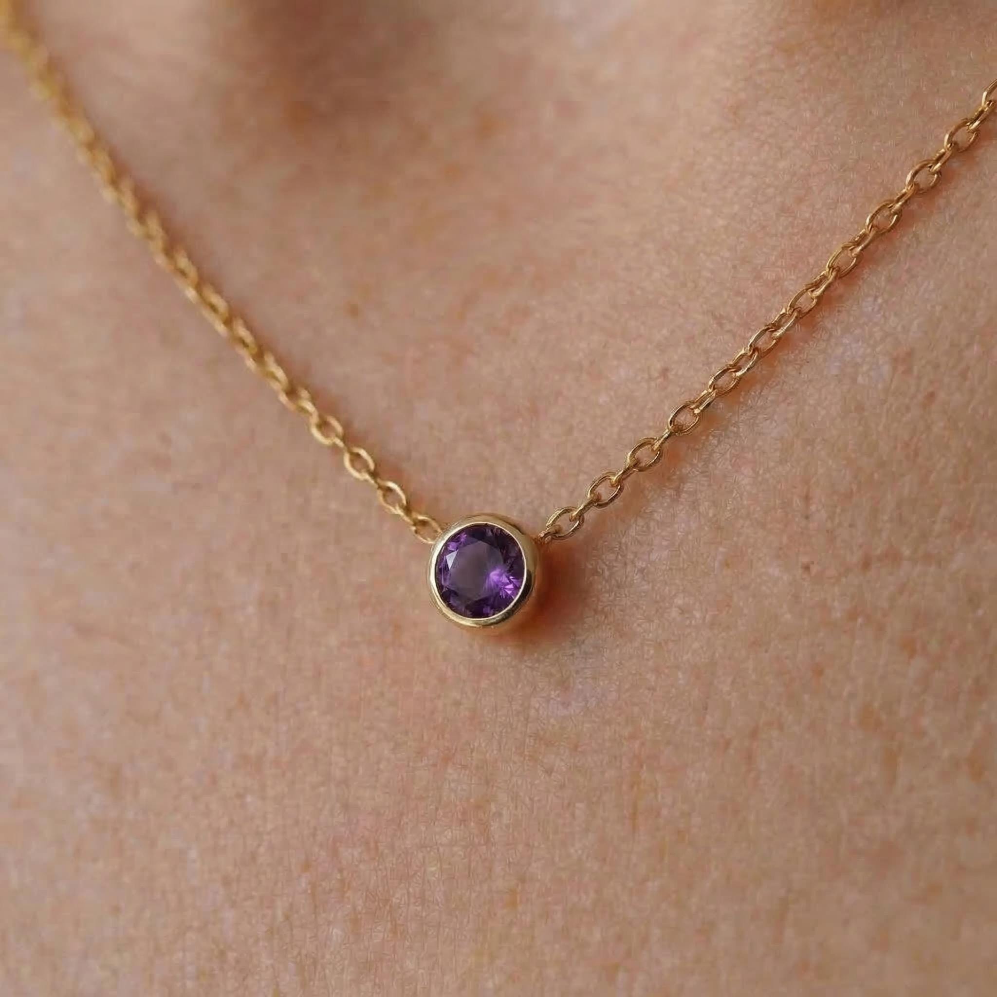 Minimalist Amethyst Solitaire Necklace | 14K Gold Bezel Set February Birthstone Pendant | Dainty Gemstone Jewelry Gift for Her