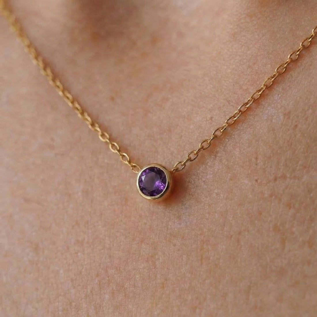 Minimalist Amethyst Solitaire Necklace | 14K Gold Bezel Set February Birthstone Pendant | Dainty Gemstone Jewelry Gift for Her