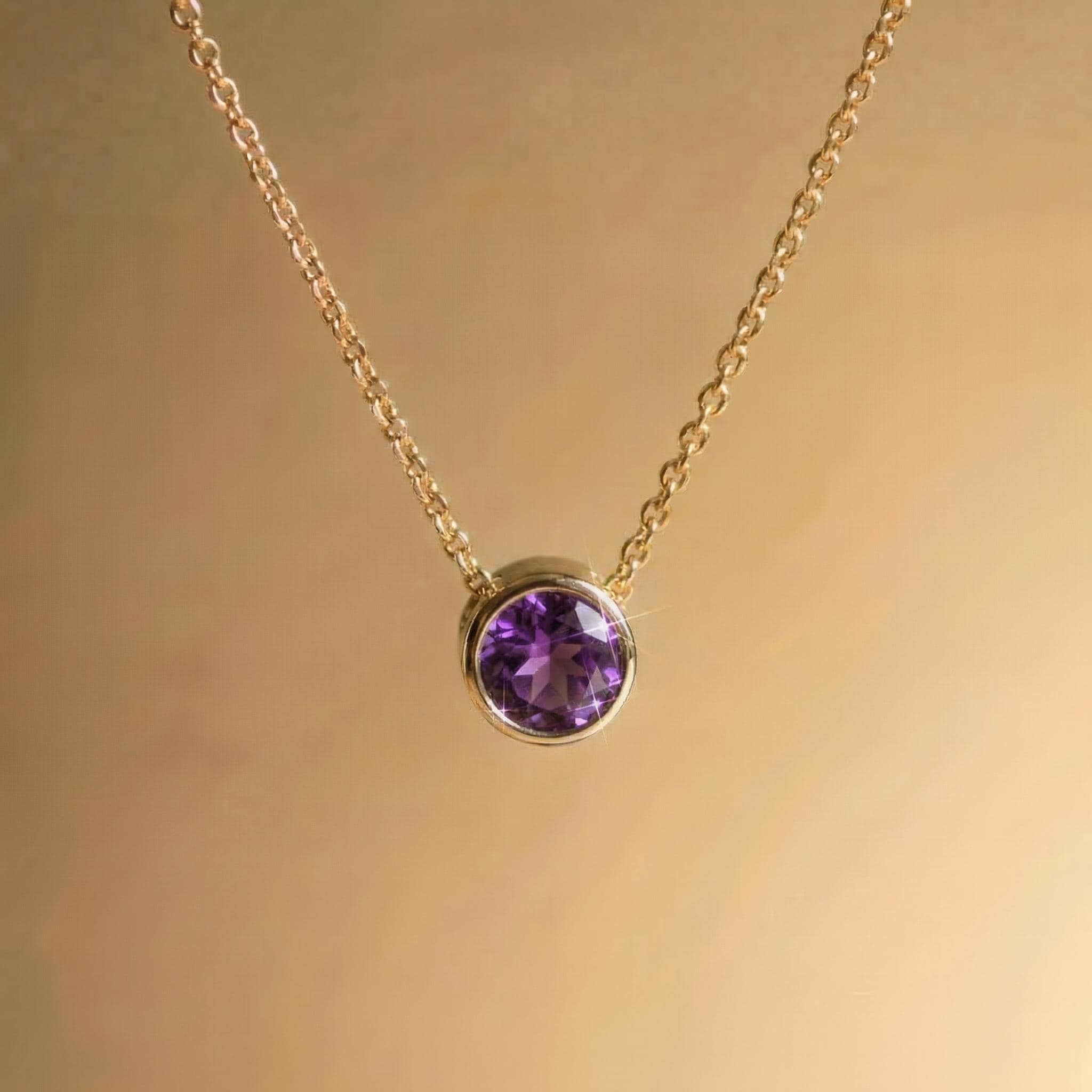 Minimalist Amethyst Solitaire Necklace | 14K Gold Bezel Set February Birthstone Pendant | Dainty Gemstone Jewelry Gift for Her