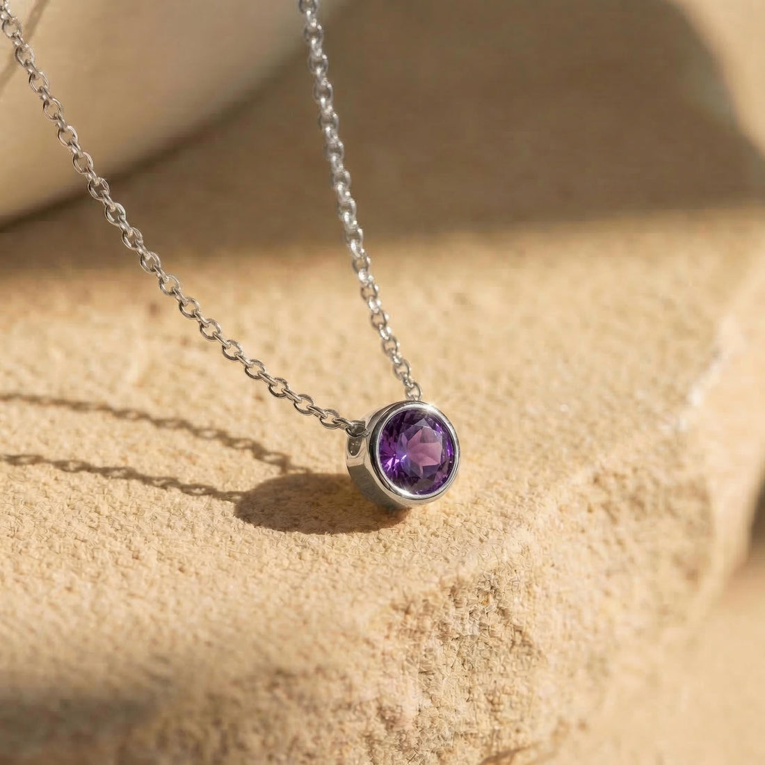 Minimalist Amethyst Solitaire Necklace | 14K Gold Bezel Set February Birthstone Pendant | Dainty Gemstone Jewelry Gift for Her
