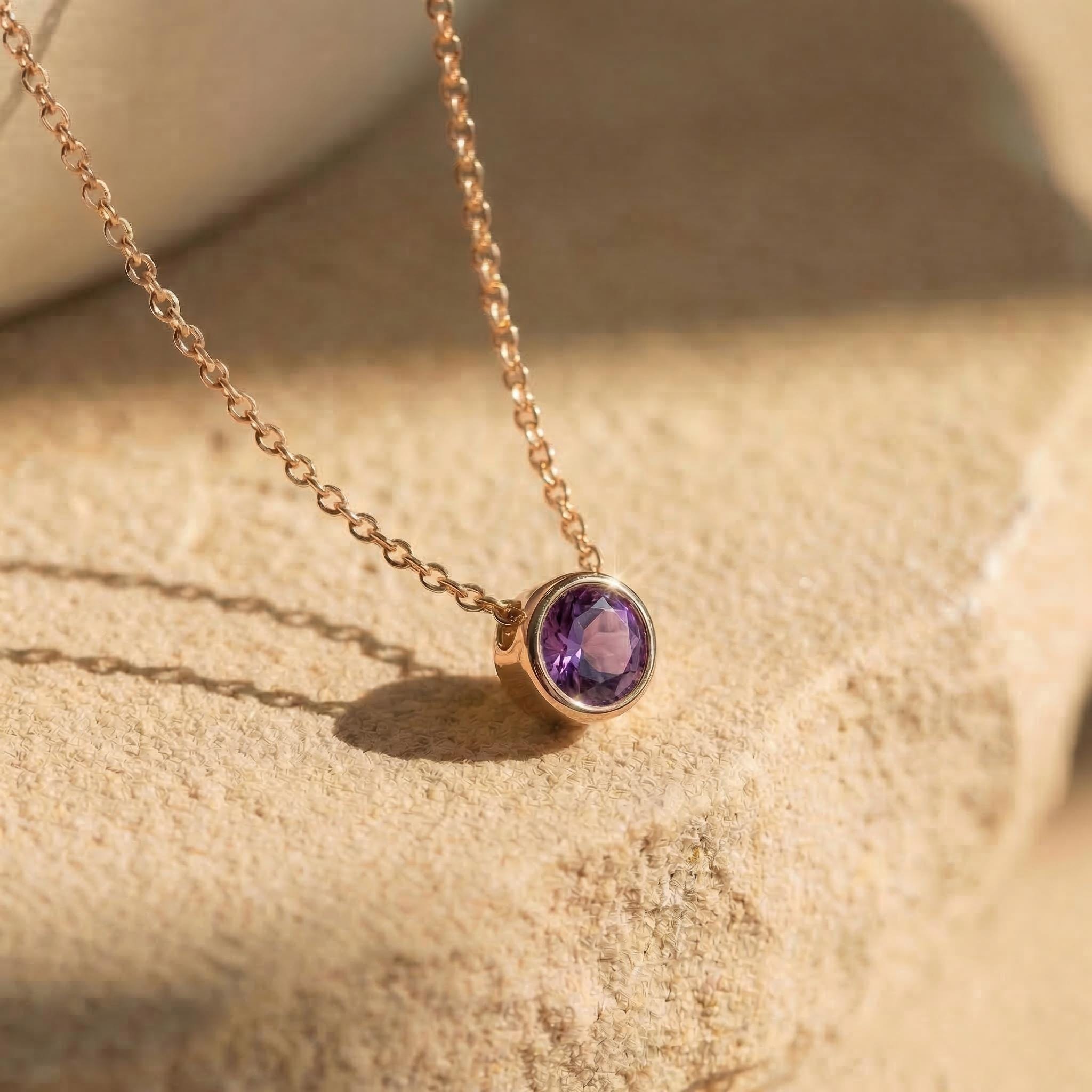 Minimalist Amethyst Solitaire Necklace | 14K Gold Bezel Set February Birthstone Pendant | Dainty Gemstone Jewelry Gift for Her