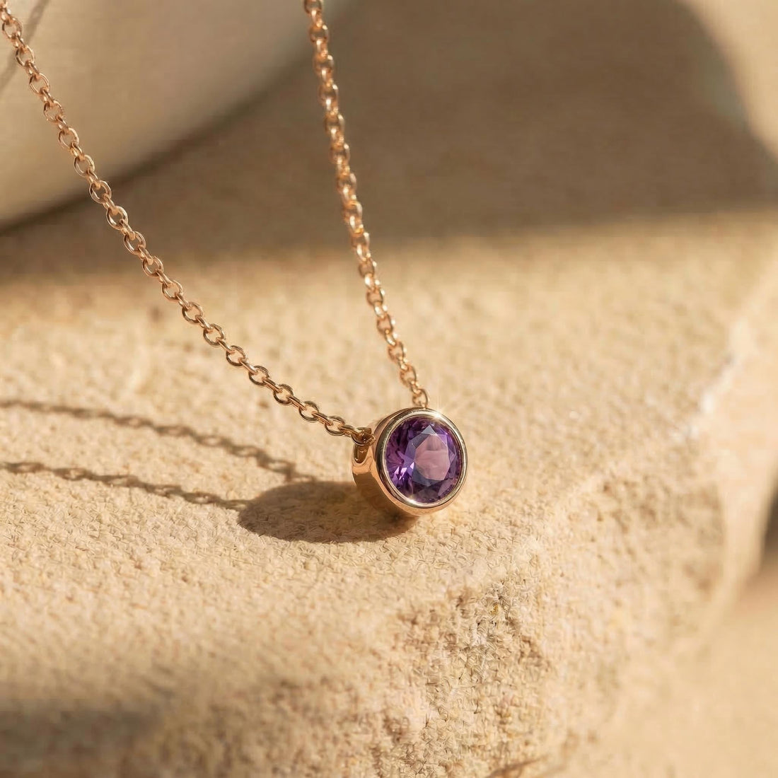 Minimalist Amethyst Solitaire Necklace | 14K Gold Bezel Set February Birthstone Pendant | Dainty Gemstone Jewelry Gift for Her