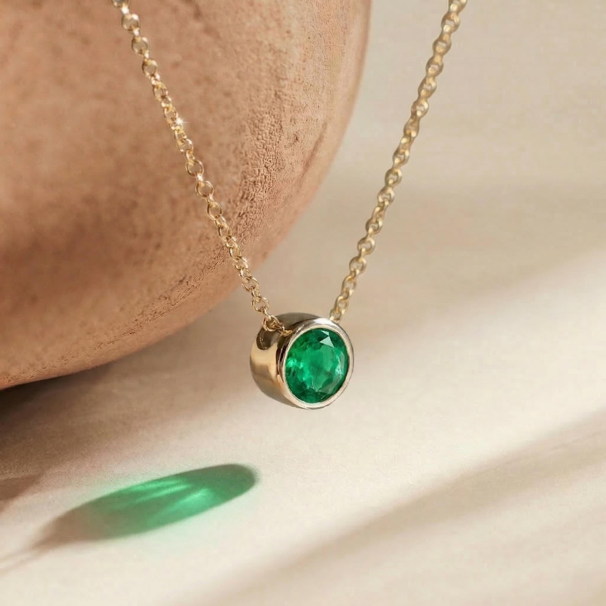 Dainty Gold Emerald Necklace | Minimalist Bezel Set Green Gemstone Pendant | May Birthstone Jewelry Gift for Her