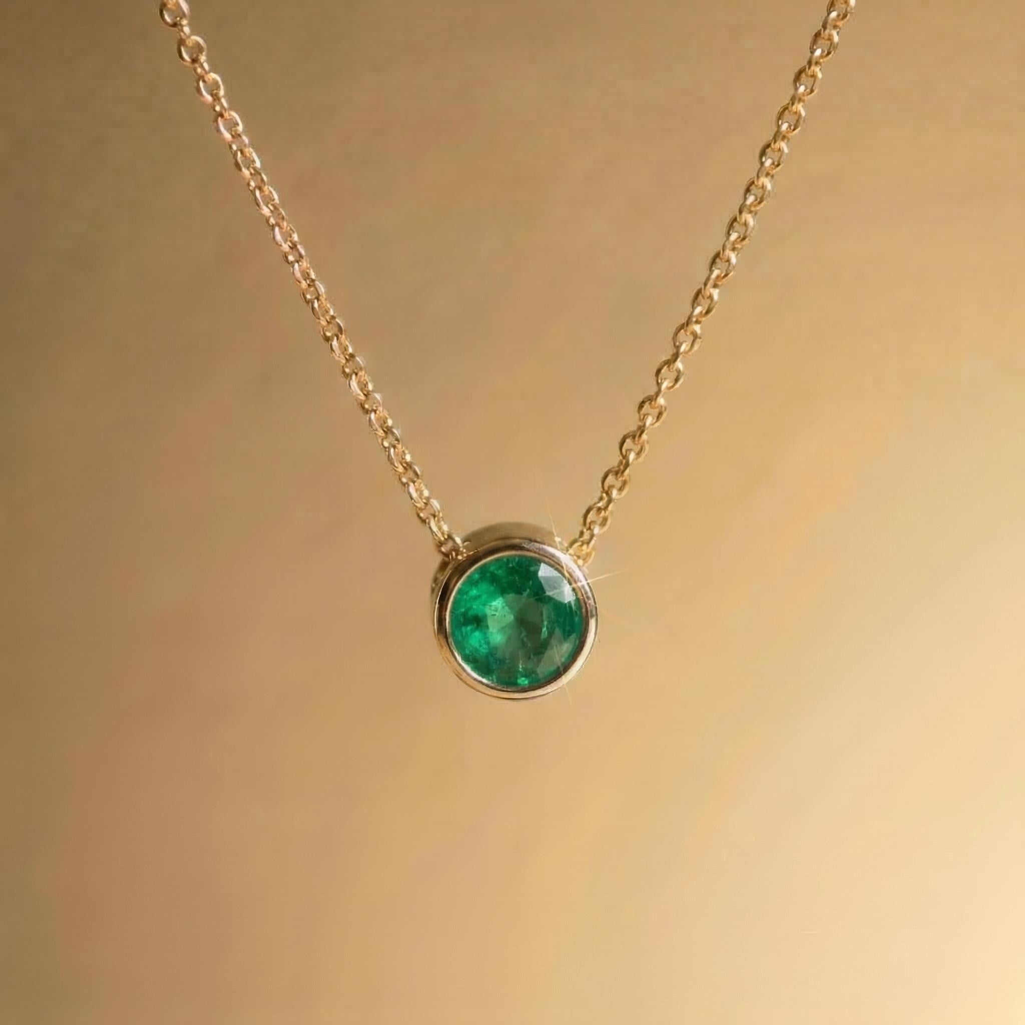 Dainty Gold Emerald Necklace | Minimalist Bezel Set Green Gemstone Pendant | May Birthstone Jewelry Gift for Her