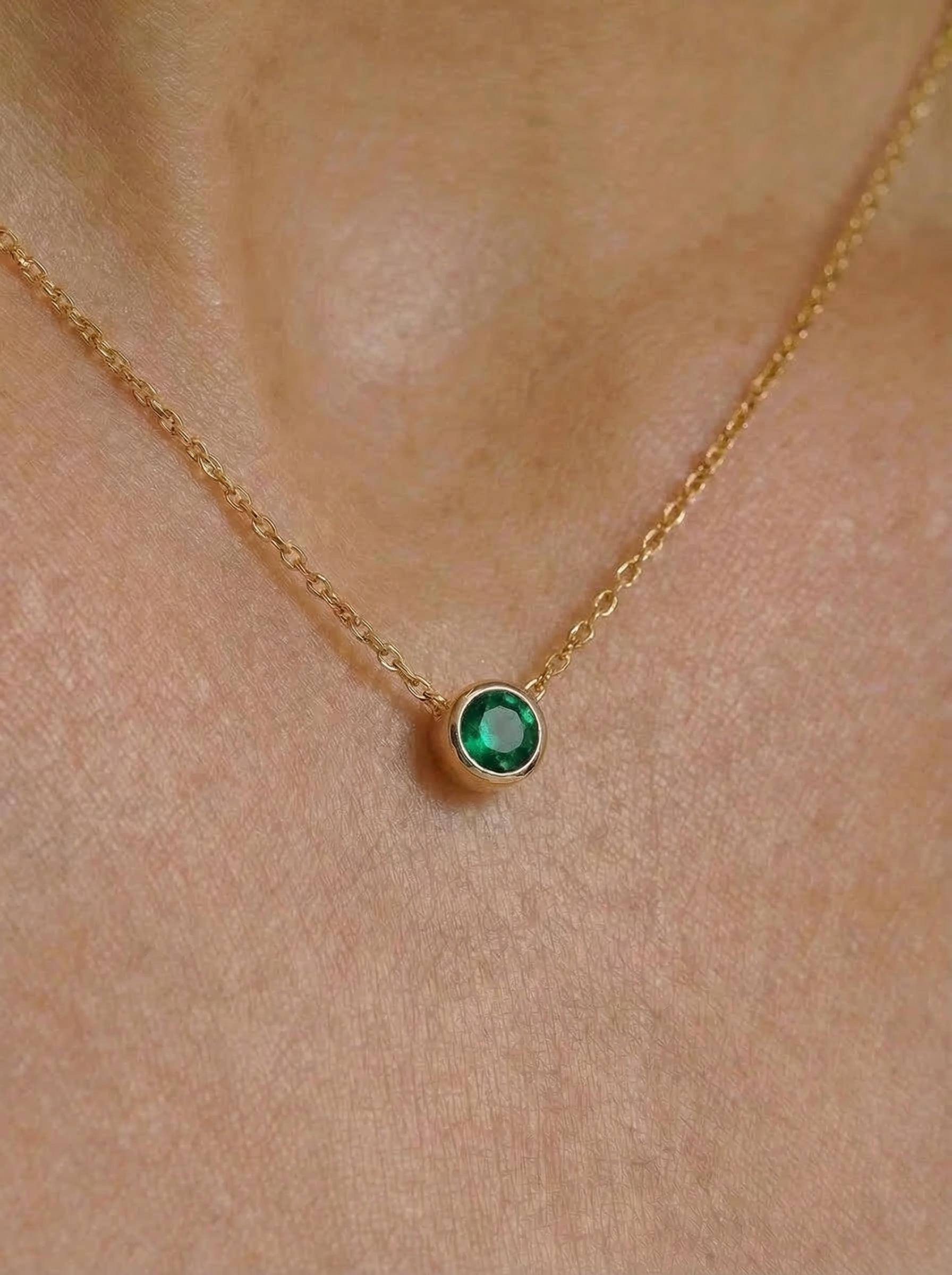 Dainty Gold Emerald Necklace | Minimalist Bezel Set Green Gemstone Pendant | May Birthstone Jewelry Gift for Her