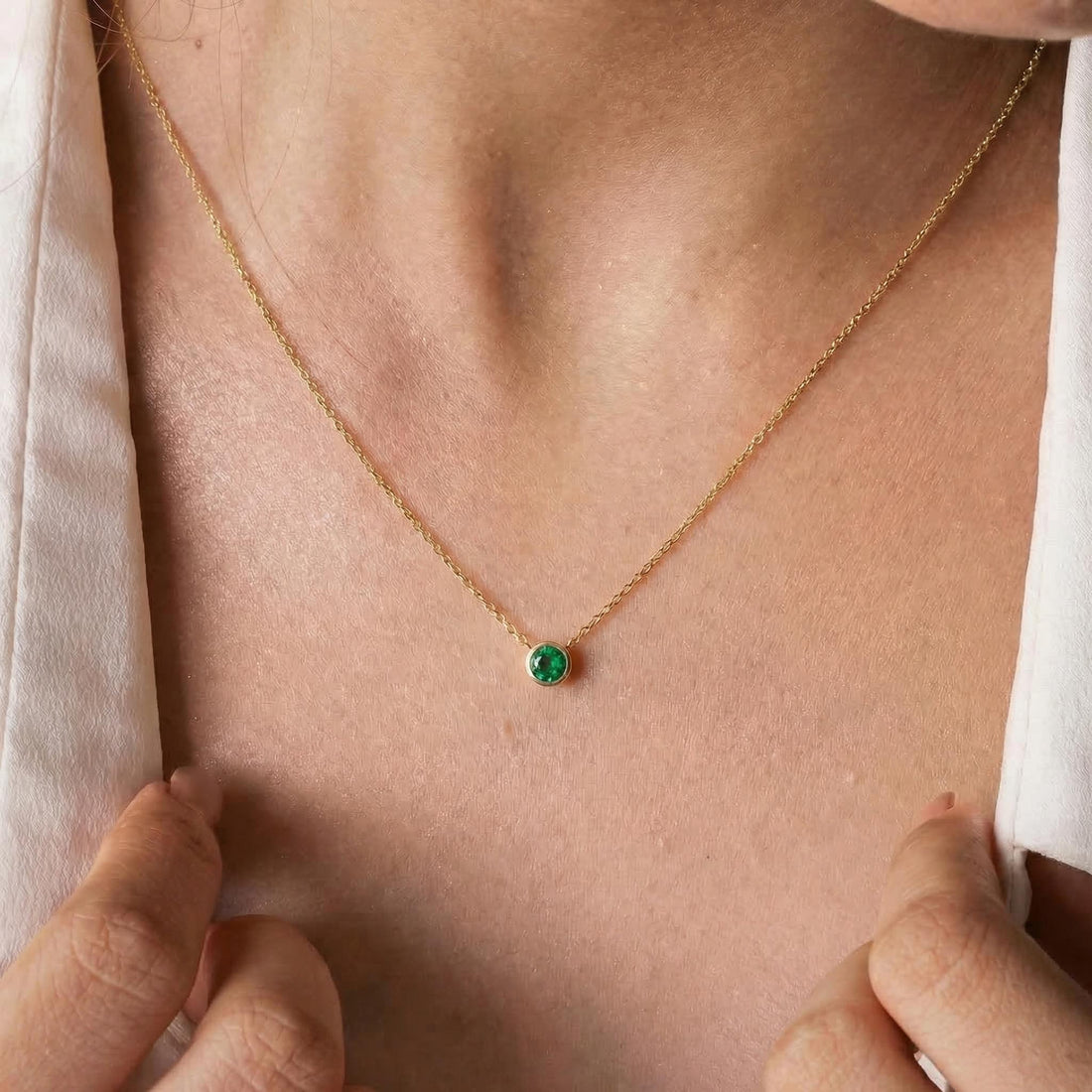 Dainty Gold Emerald Necklace | Minimalist Bezel Set Green Gemstone Pendant | May Birthstone Jewelry Gift for Her