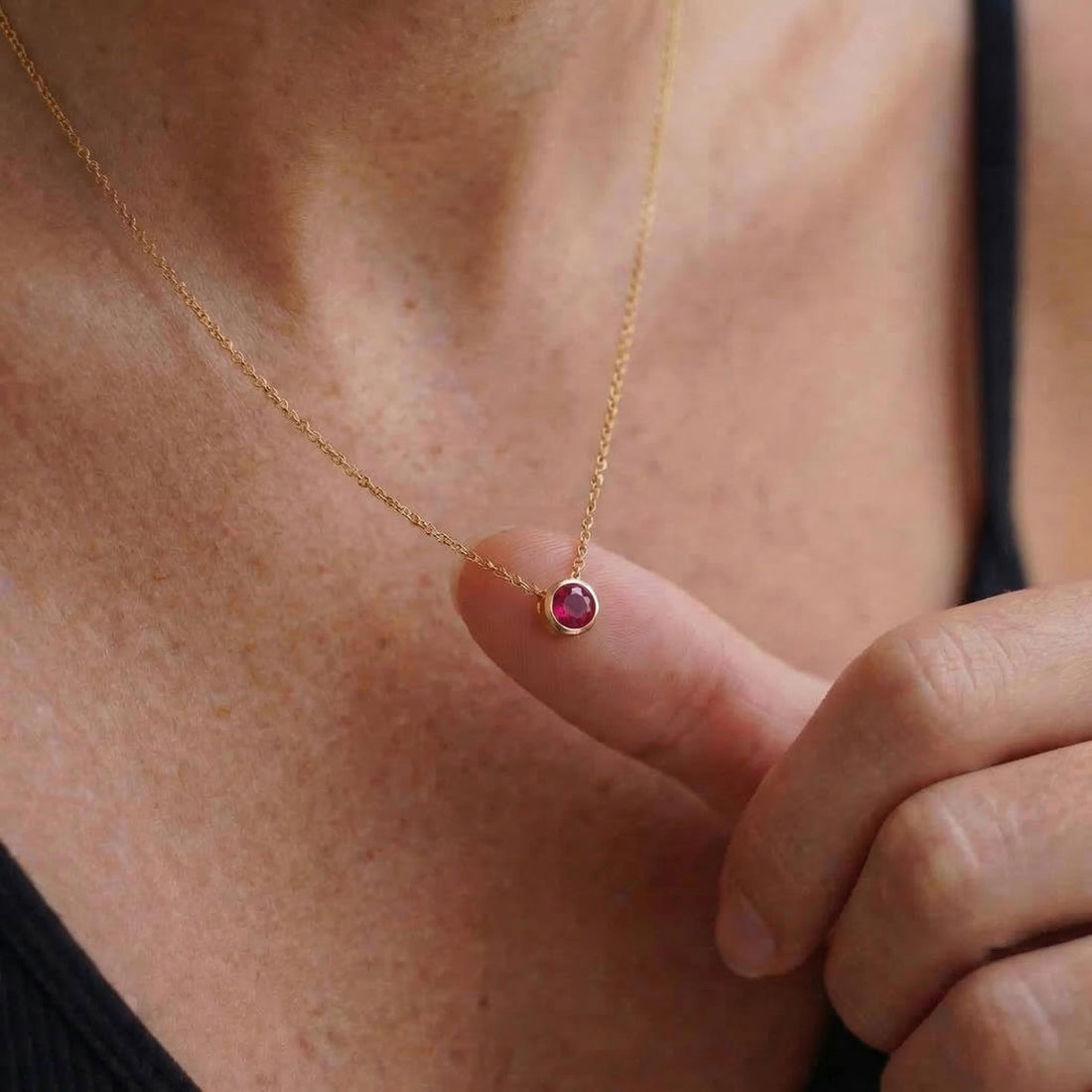 Dainty Gold Ruby Necklace | Minimalist Red Gemstone Bezel Pendant | July Birthstone Fine Jewelry Gift for Her