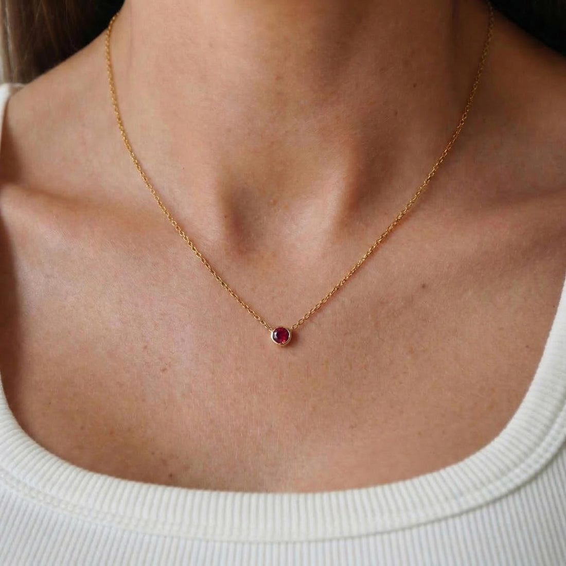 Dainty Gold Ruby Necklace | Minimalist Red Gemstone Bezel Pendant | July Birthstone Fine Jewelry Gift for Her