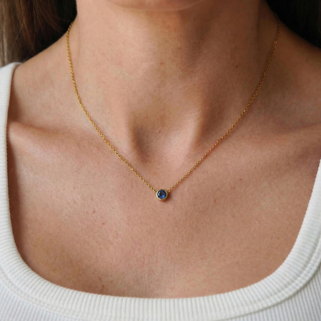 Dainty Gold Sapphire Bezel Necklace | September Birthstone Pendant | Minimalist Everyday Fine Jewelry Gift for Her