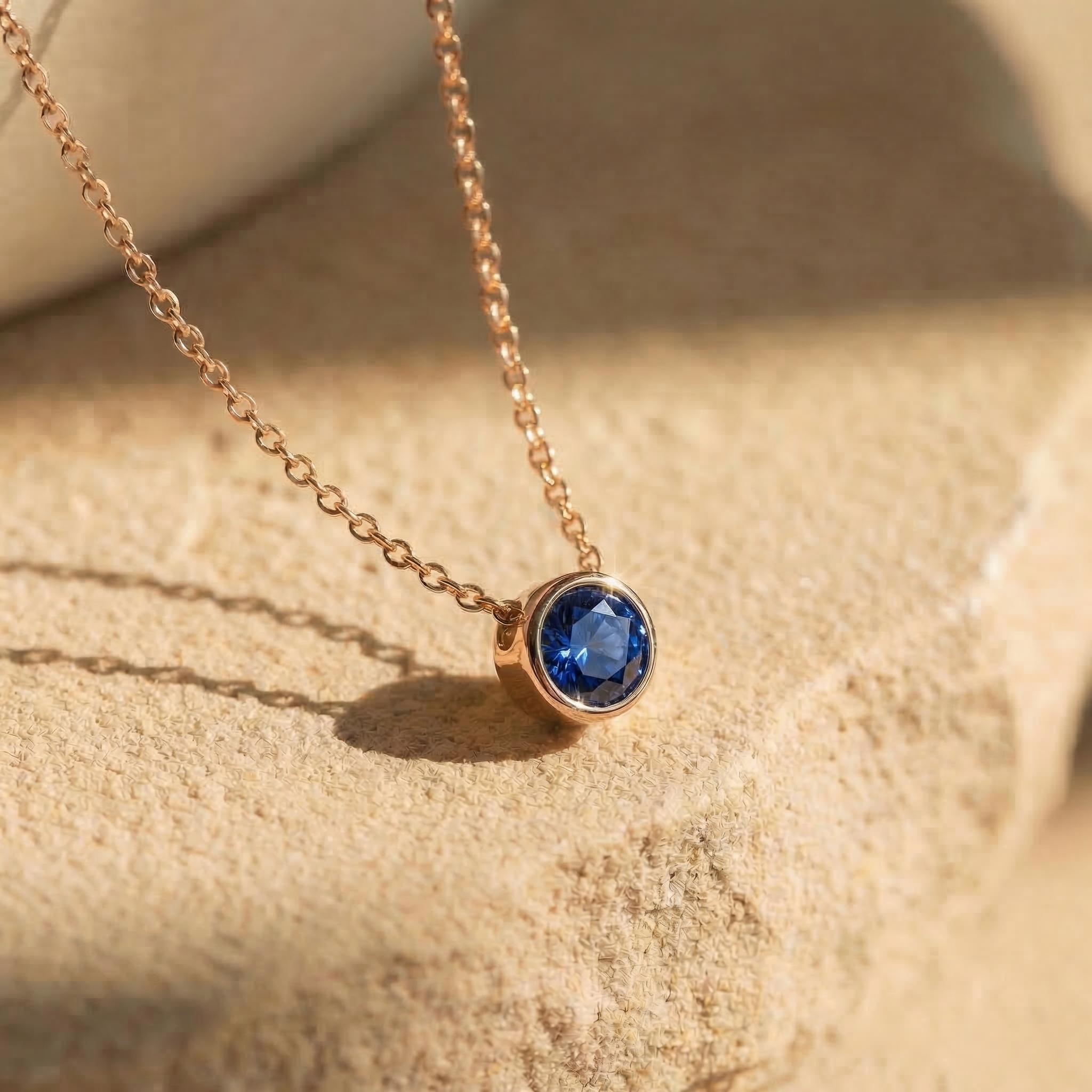 Dainty Gold Sapphire Bezel Necklace | September Birthstone Pendant | Minimalist Everyday Fine Jewelry Gift for Her