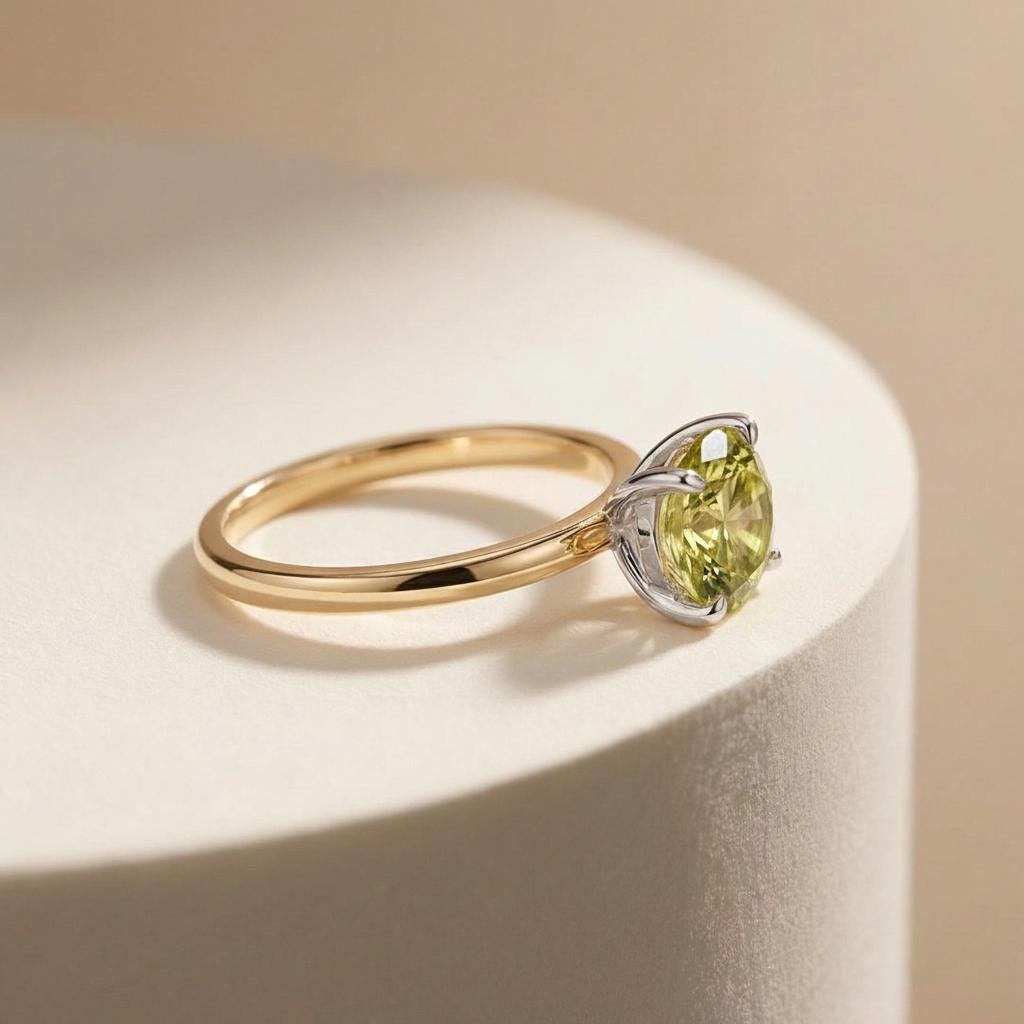 2.0 CT East West Oval Cut Peridot Birthstone Ring For Mom, Yellow Gold Vermeil Two Tone Ring, Dainty Travel Engagement Ring