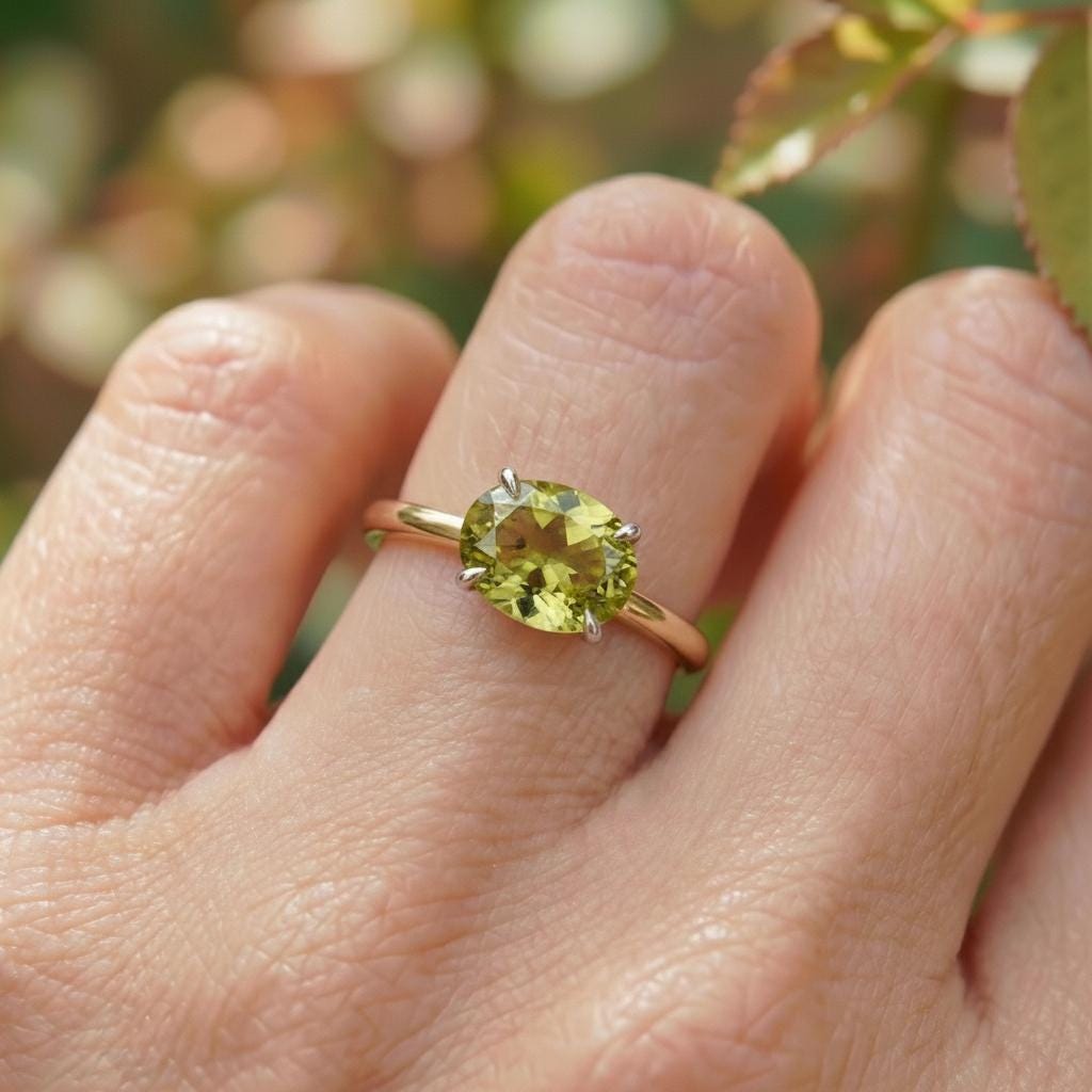 2.0 CT East West Oval Cut Peridot Birthstone Ring For Mom, Yellow Gold Vermeil Two Tone Ring, Dainty Travel Engagement Ring