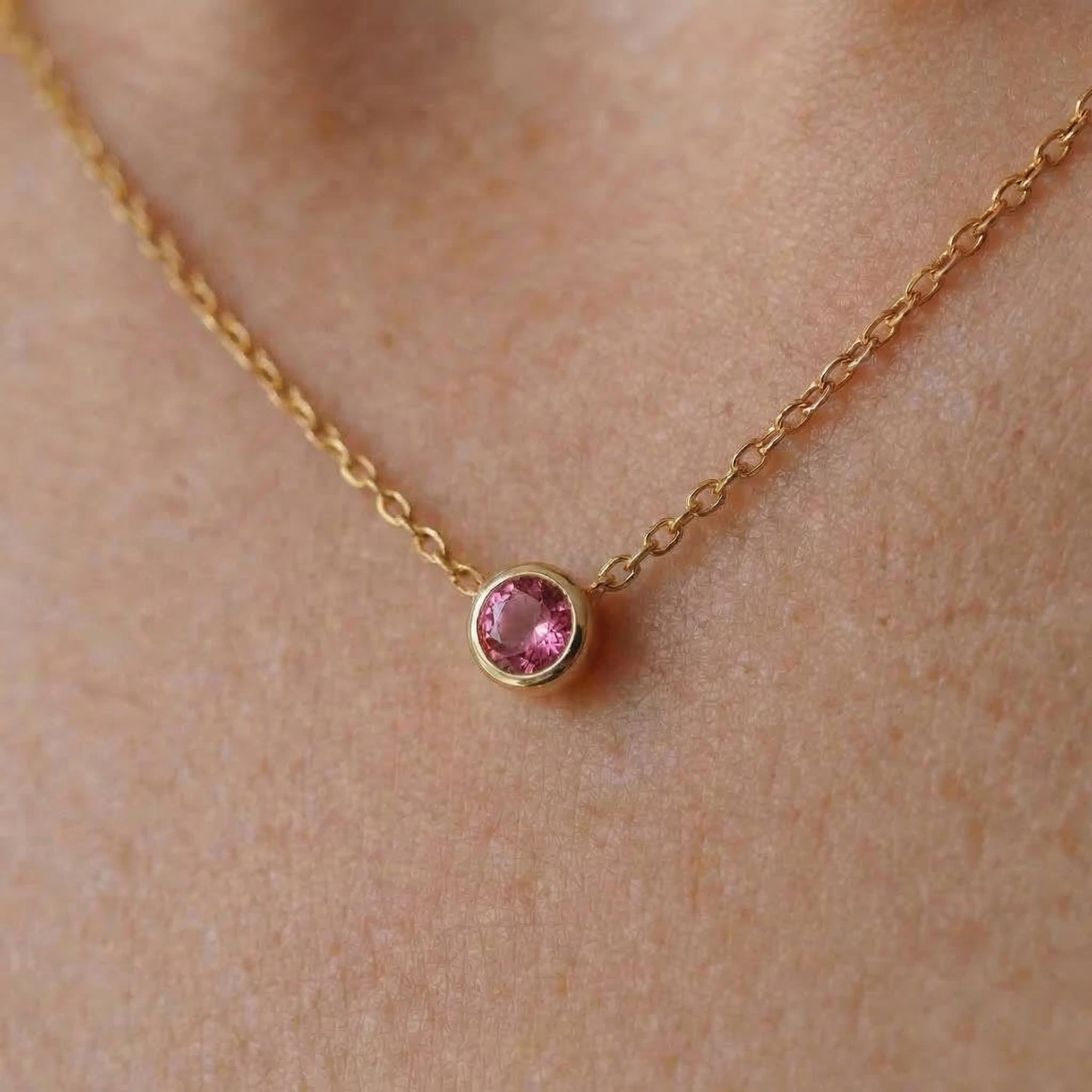 Dainty Gold Pink Gemstone Necklace | Delicate Bezel Set Tourmaline Pendant | October Birthstone Fine Jewelry Gift for Her