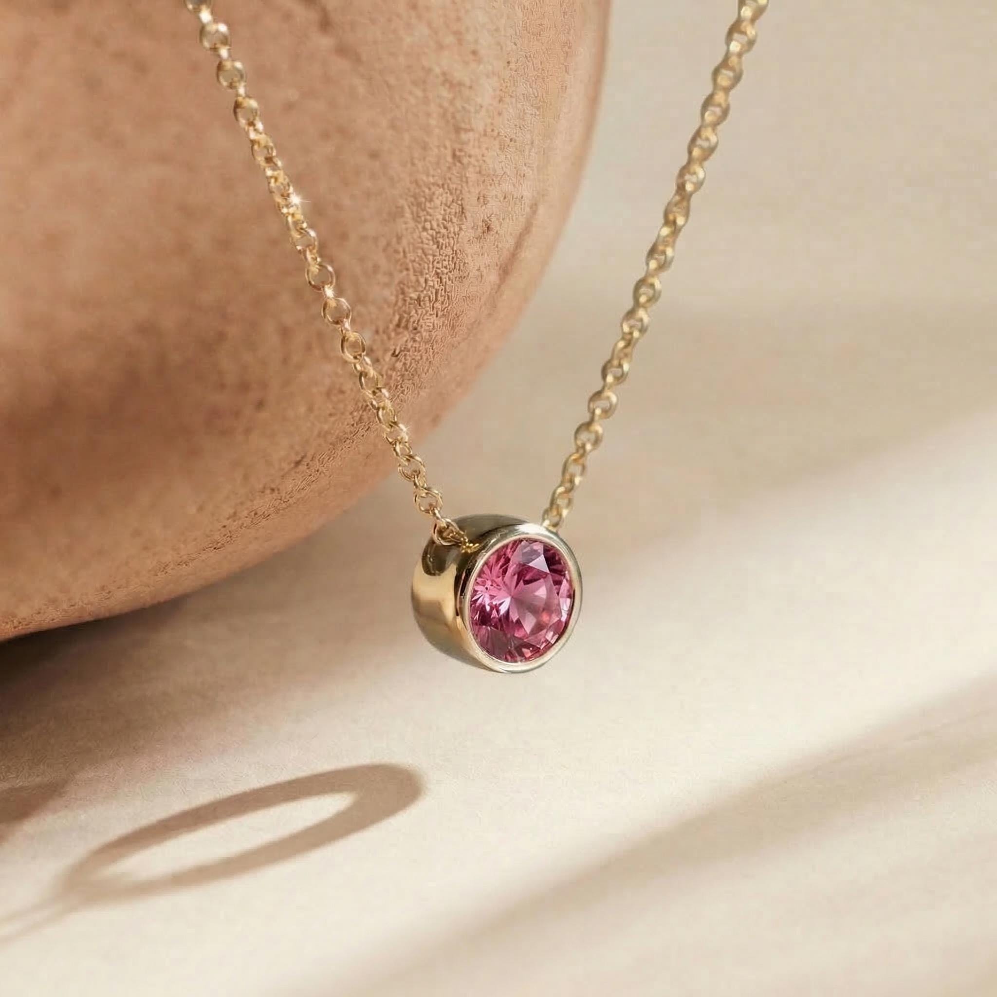 Dainty Gold Pink Gemstone Necklace | Delicate Bezel Set Tourmaline Pendant | October Birthstone Fine Jewelry Gift for Her