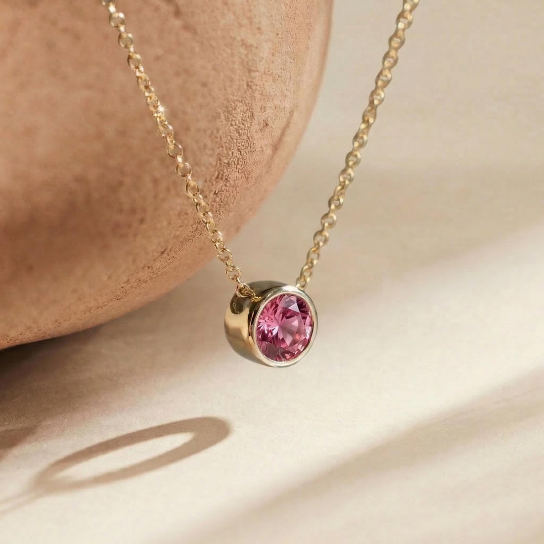 Dainty Gold Pink Gemstone Necklace | Delicate Bezel Set Tourmaline Pendant | October Birthstone Fine Jewelry Gift for Her