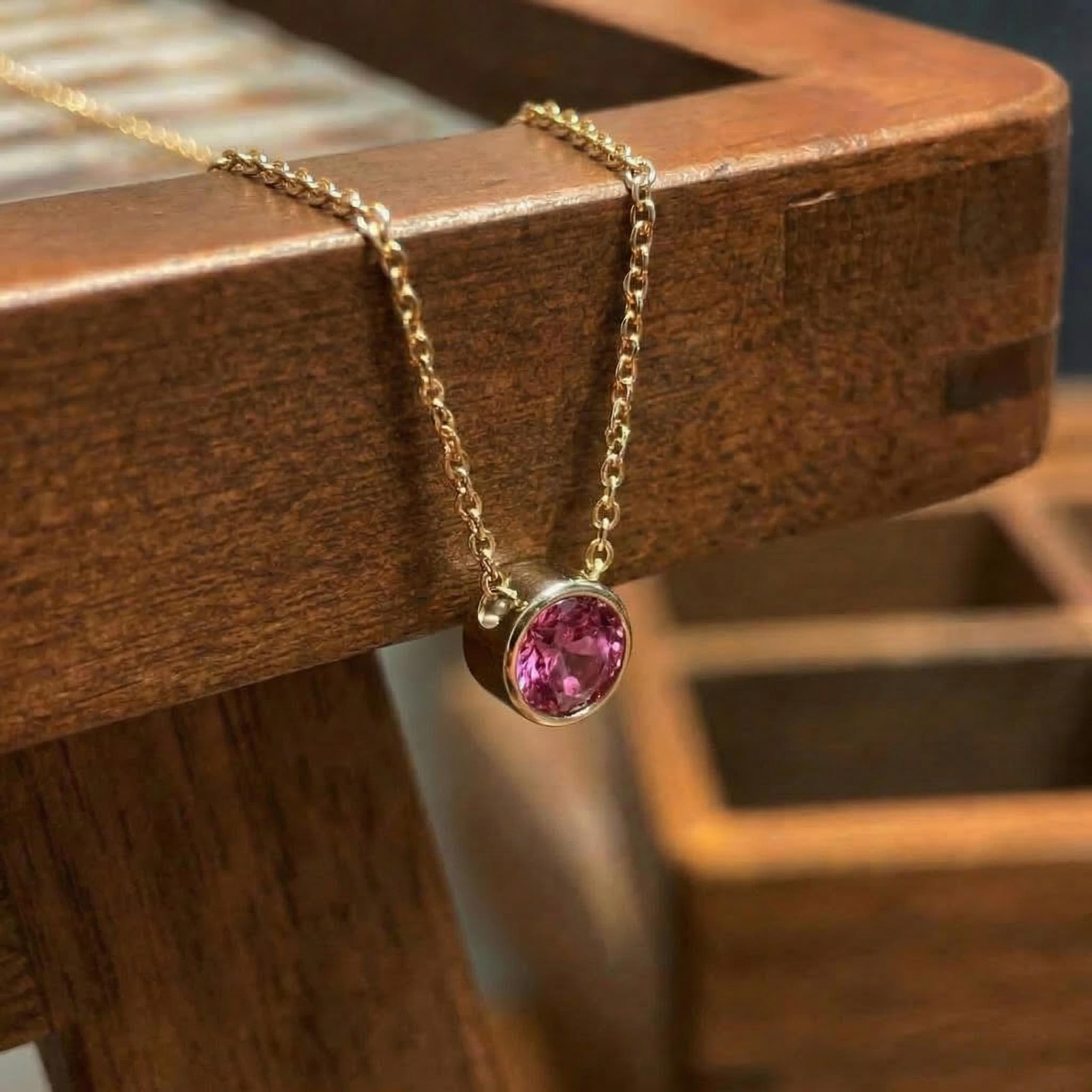 Dainty Gold Pink Gemstone Necklace | Delicate Bezel Set Tourmaline Pendant | October Birthstone Fine Jewelry Gift for Her