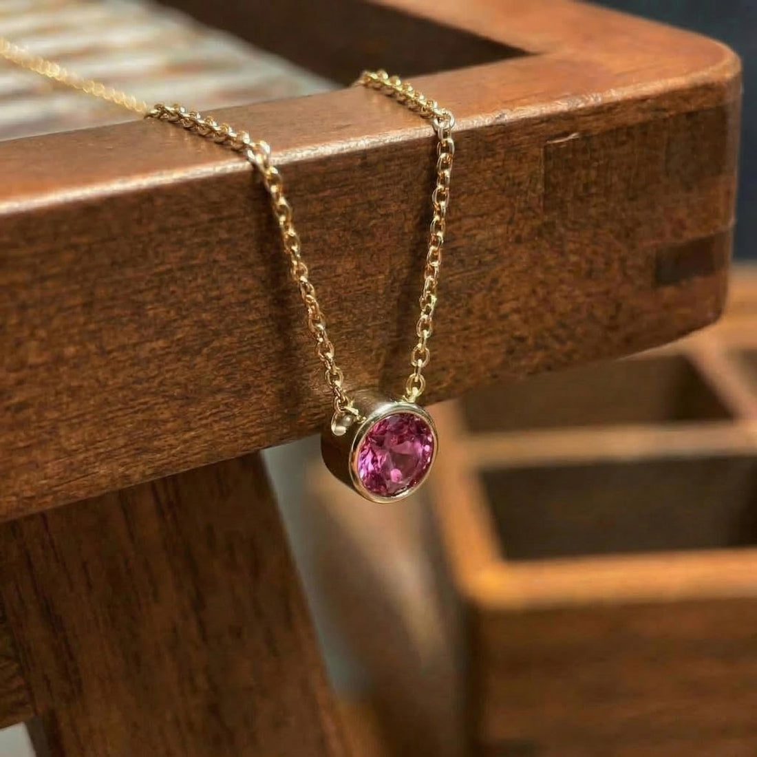 Dainty Gold Pink Gemstone Necklace | Delicate Bezel Set Tourmaline Pendant | October Birthstone Fine Jewelry Gift for Her