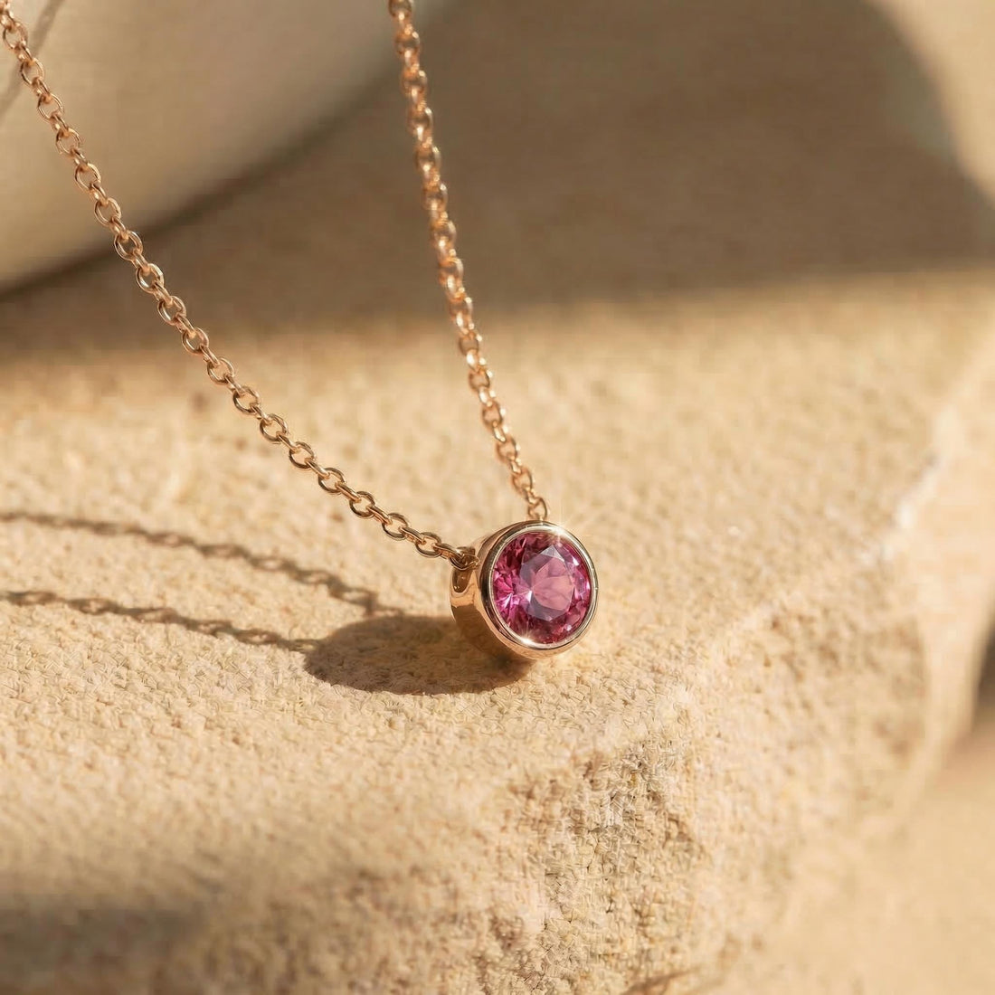 Dainty Gold Pink Gemstone Necklace | Delicate Bezel Set Tourmaline Pendant | October Birthstone Fine Jewelry Gift for Her