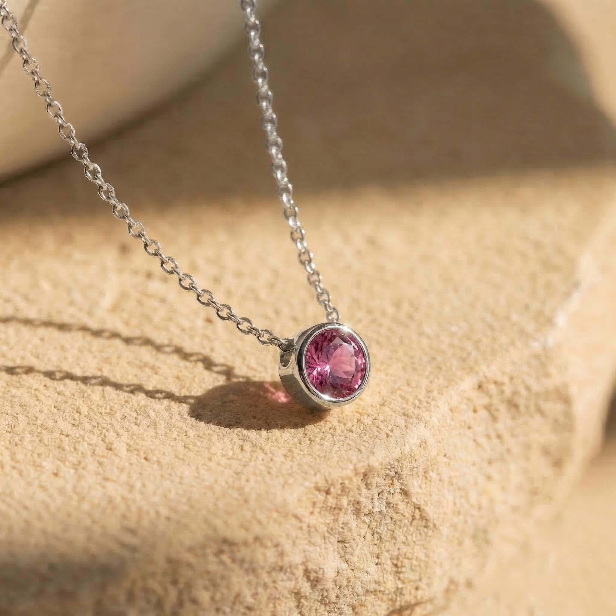 Dainty Gold Pink Gemstone Necklace | Delicate Bezel Set Tourmaline Pendant | October Birthstone Fine Jewelry Gift for Her