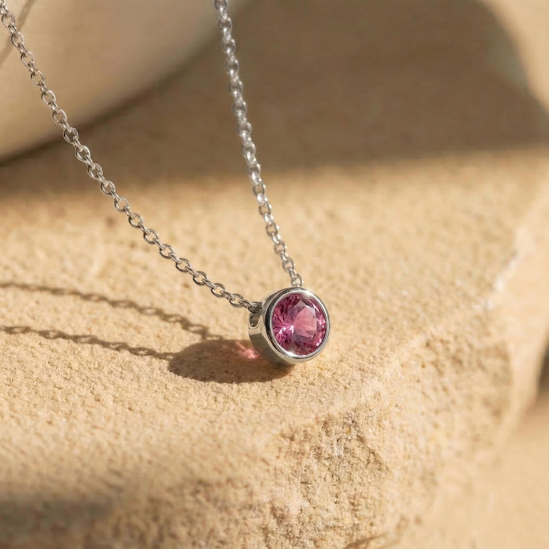 Dainty Gold Pink Gemstone Necklace | Delicate Bezel Set Tourmaline Pendant | October Birthstone Fine Jewelry Gift for Her