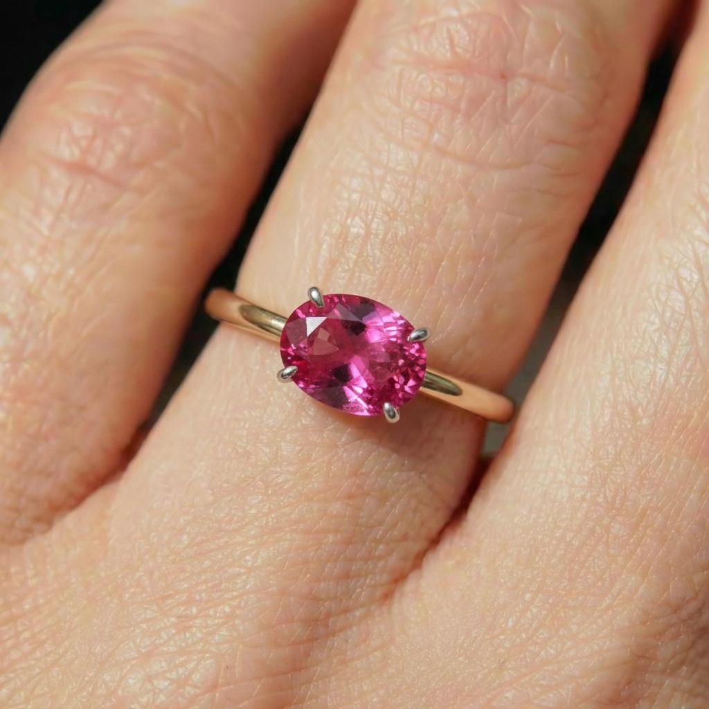 2.0 CT East West Oval Cut Pink Tourmaline Birthstone Ring, Yellow Gold Vermeil Two Tone Ring,October Engagement Ring