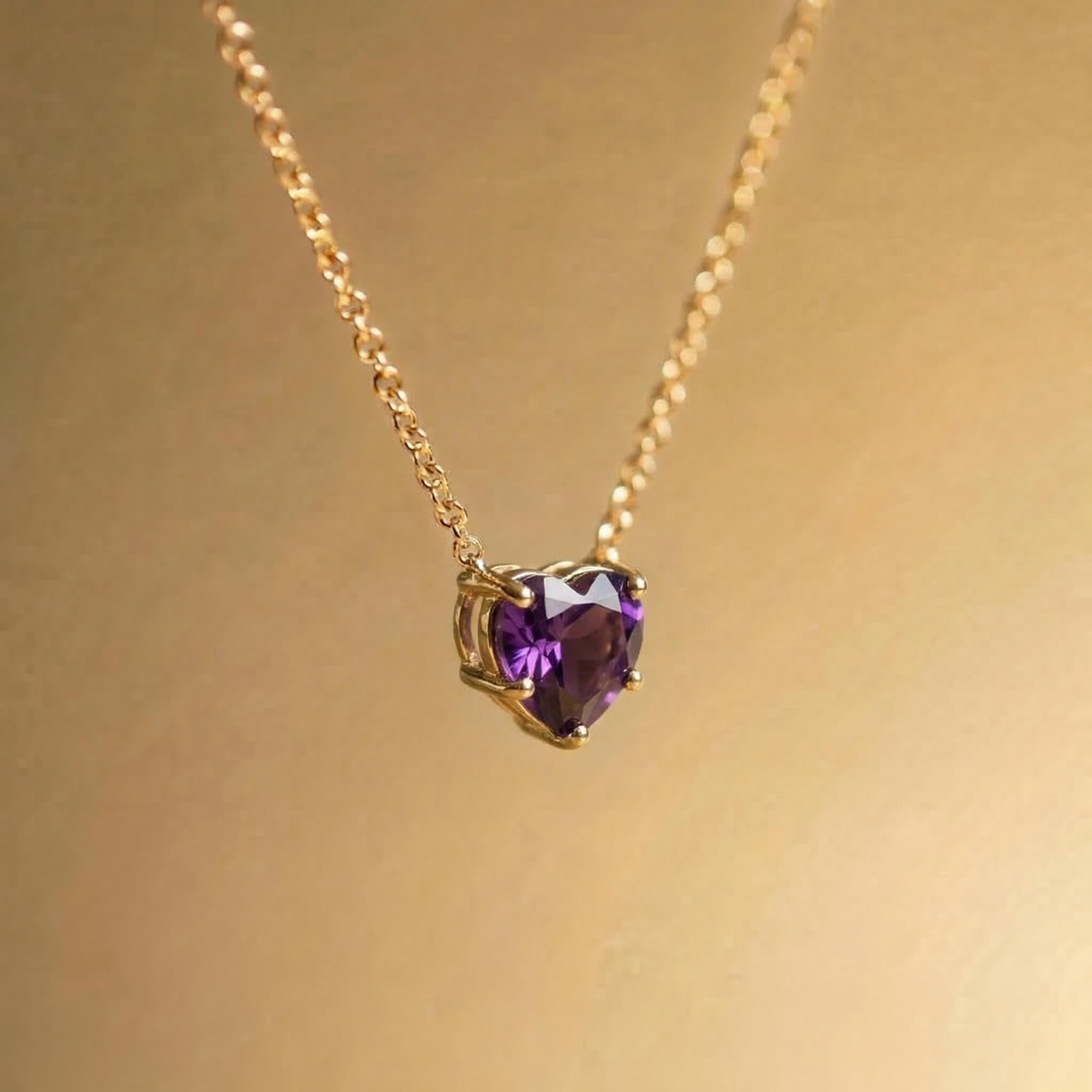 Dainty Gold Amethyst Heart Necklace, February Birthstone Pendant, Delicate Gold Love Jewelry Gift for Her, Anniversary Birthday
