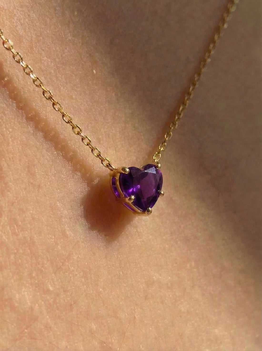 Dainty Gold Amethyst Heart Necklace, February Birthstone Pendant, Delicate Gold Love Jewelry Gift for Her, Anniversary Birthday