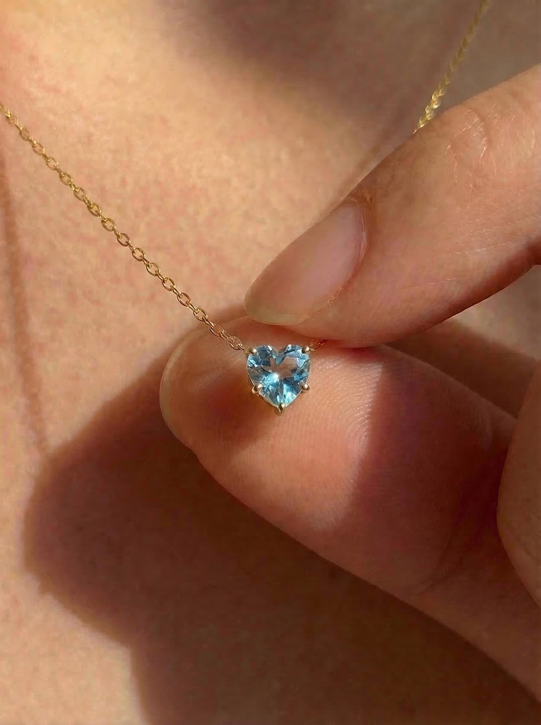 Aquamarine Heart Pendant for Her – March Birthstone Gift – 18K Gold Minimalist Jewelry