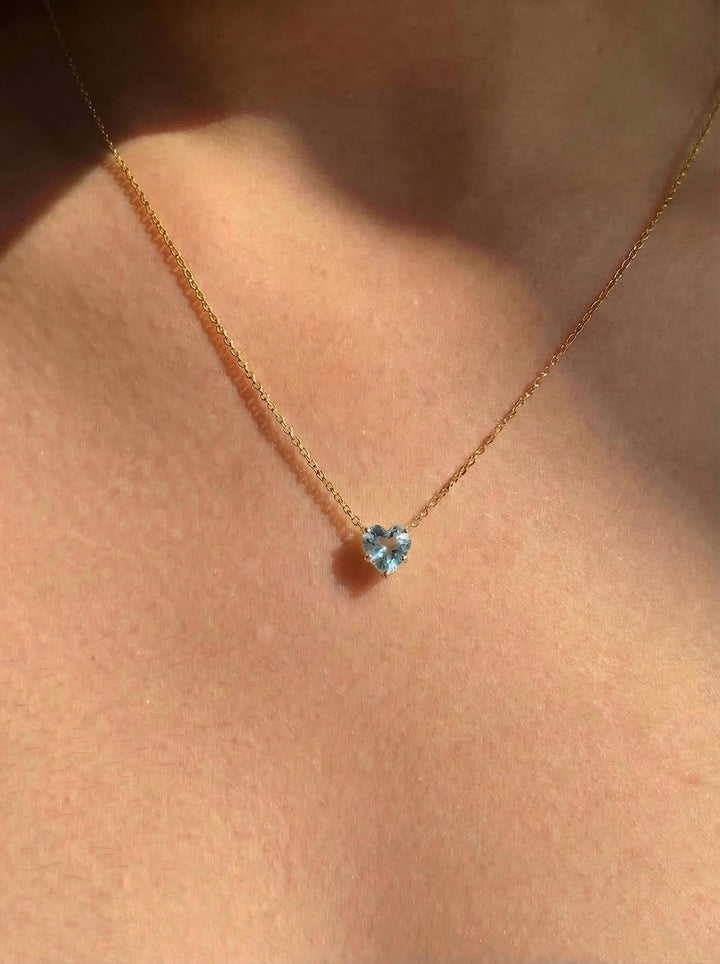 Aquamarine Heart Pendant for Her – March Birthstone Gift – 18K Gold Minimalist Jewelry