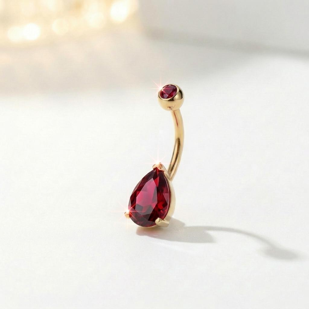 Elegant Red Teardrop Belly Button Ring | Dangle Navel Piercing Jewelry | Surgical Steel Body Jewelry with Ruby Red Gemstone