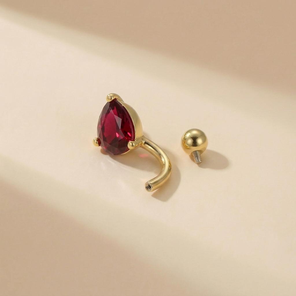 Elegant Red Teardrop Belly Button Ring | Dangle Navel Piercing Jewelry | Surgical Steel Body Jewelry with Ruby Red Gemstone