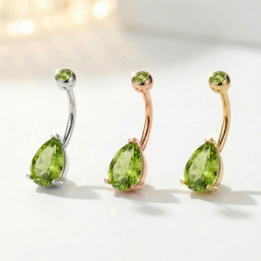 Elegant Peridot Teardrop Belly Button Ring | Dainty Gold Navel Piercing Jewelry | August Birthstone Gift for Her | Sparkling Body Jewelry