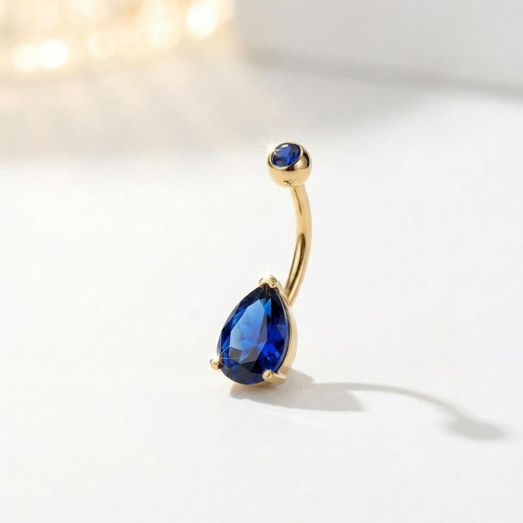Elegant Blue Teardrop Navel Ring | Dainty Sapphire Crystal Belly Button Ring | Sterling Silver Body Jewelry | Sparkly Dangle Piercing Gift