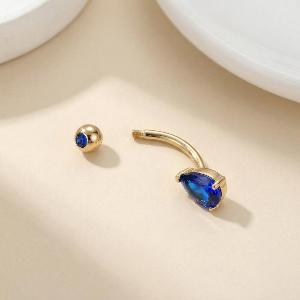 Elegant Blue Teardrop Navel Ring | Dainty Sapphire Crystal Belly Button Ring | Sterling Silver Body Jewelry | Sparkly Dangle Piercing Gift