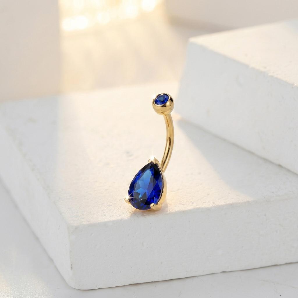 Elegant Blue Teardrop Navel Ring | Dainty Sapphire Crystal Belly Button Ring | Sterling Silver Body Jewelry | Sparkly Dangle Piercing Gift