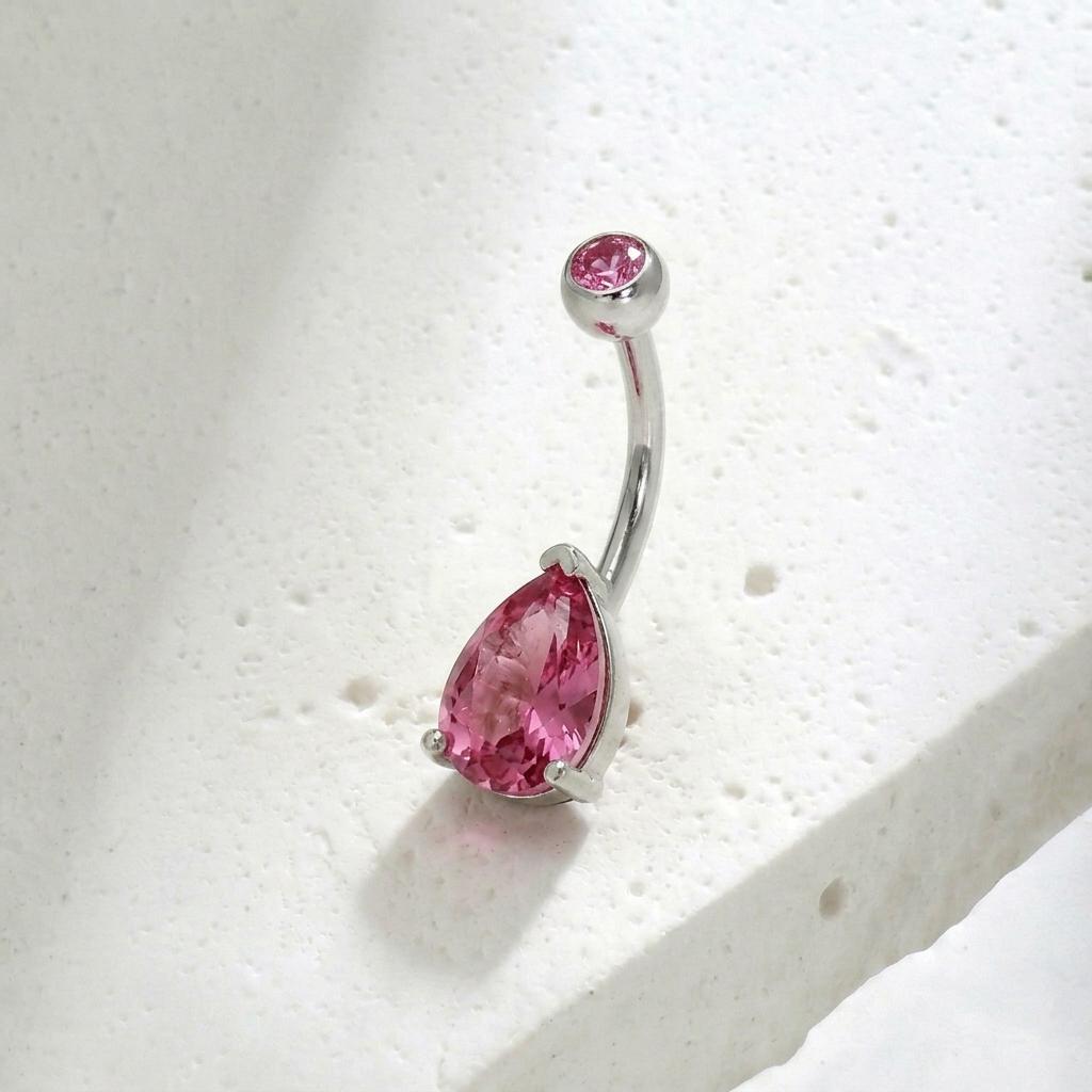 Sparkling Pink Teardrop Belly Button Ring | Dainty Gold Navel Piercing Jewelry | Elegant CZ Dangle Belly Ring | Summer Body Jewelry Gift