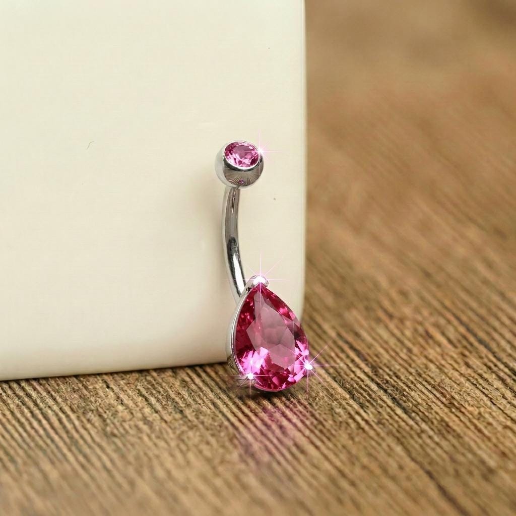 Sparkling Pink Teardrop Belly Button Ring | Dainty Gold Navel Piercing Jewelry | Elegant CZ Dangle Belly Ring | Summer Body Jewelry Gift