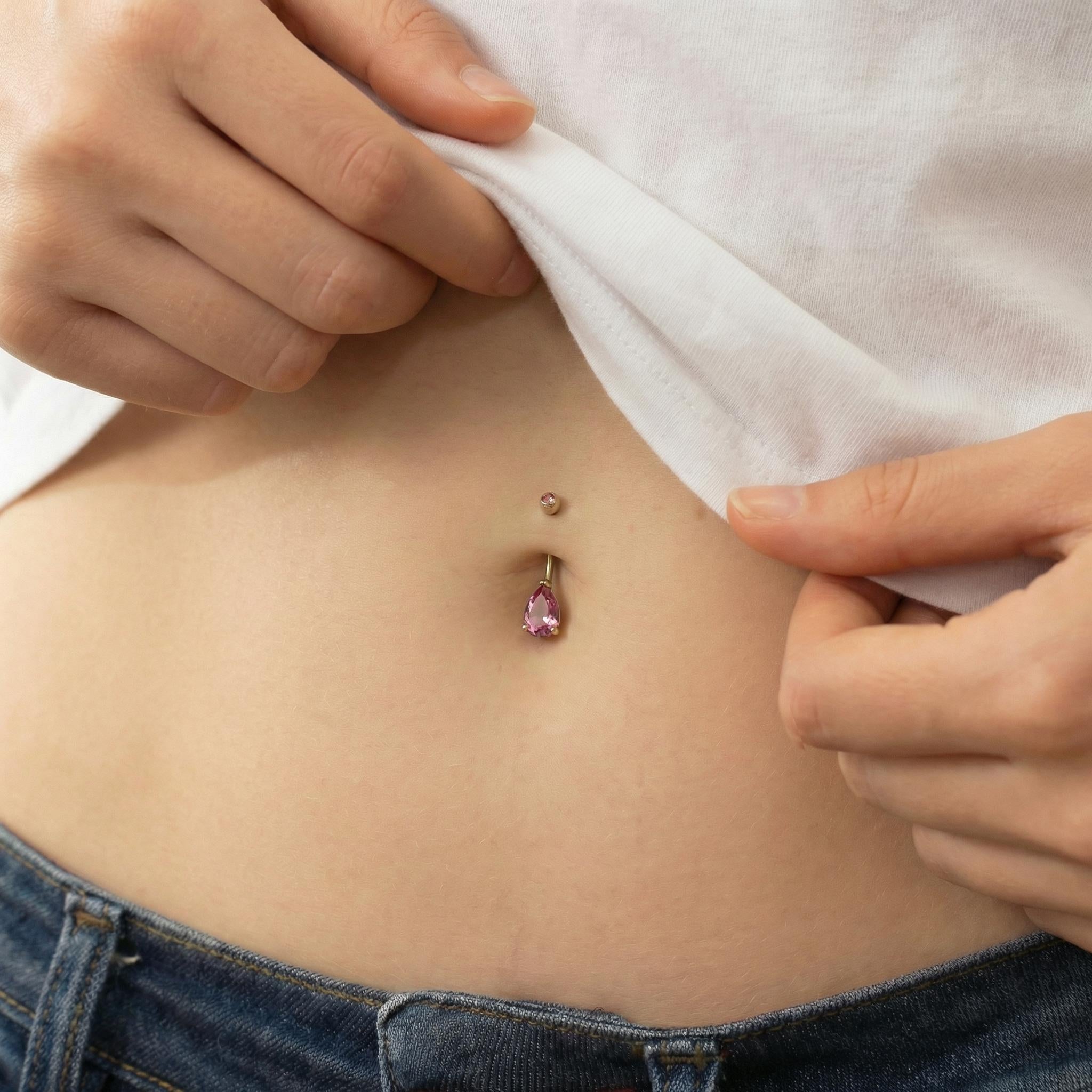 Sparkling Pink Teardrop Belly Button Ring | Dainty Gold Navel Piercing Jewelry | Elegant CZ Dangle Belly Ring | Summer Body Jewelry Gift