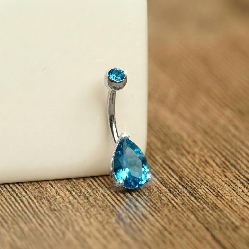 Vibrant Blue Teardrop Navel Ring | Sterling Silver Belly Button Jewelry | Dangle Gemstone Belly Ring | Elegant Body Piercing Gift