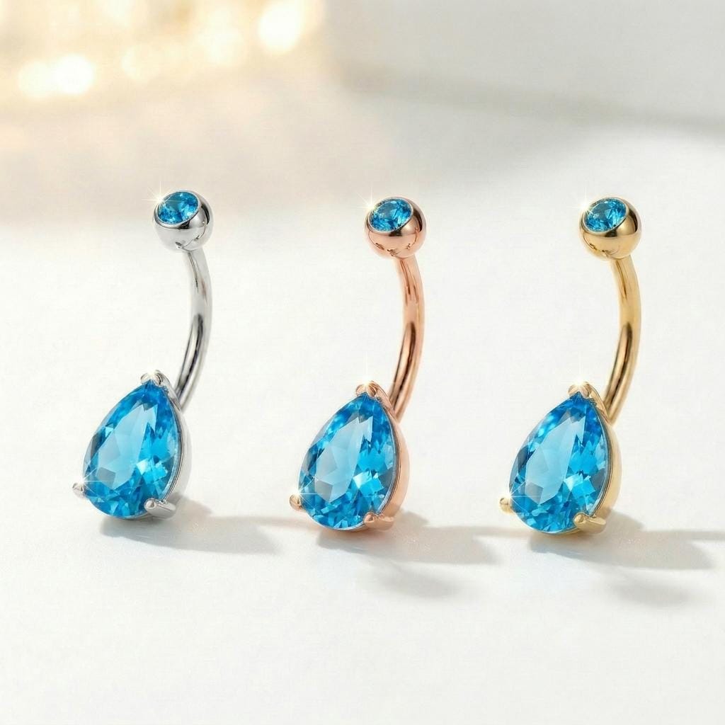 Vibrant Blue Teardrop Navel Ring | Sterling Silver Belly Button Jewelry | Dangle Gemstone Belly Ring | Elegant Body Piercing Gift