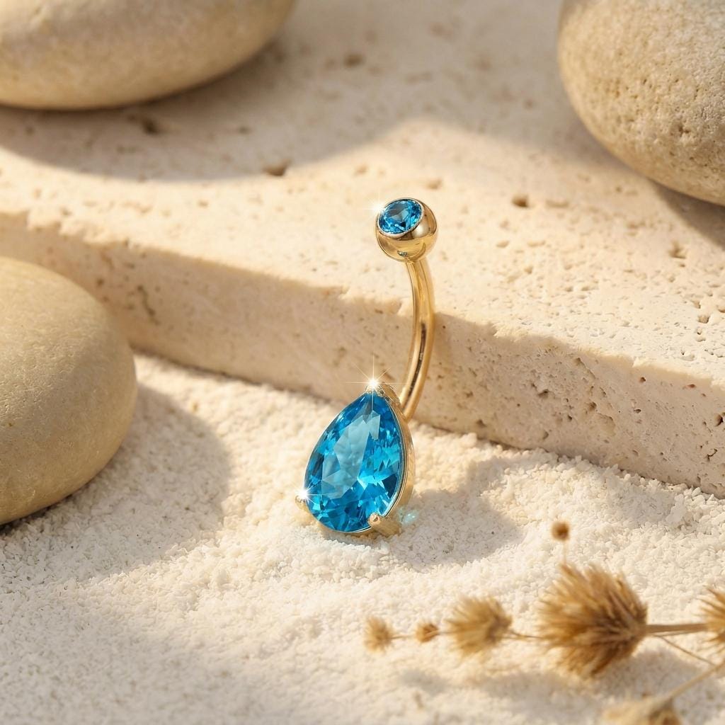 Vibrant Blue Teardrop Navel Ring | Sterling Silver Belly Button Jewelry | Dangle Gemstone Belly Ring | Elegant Body Piercing Gift