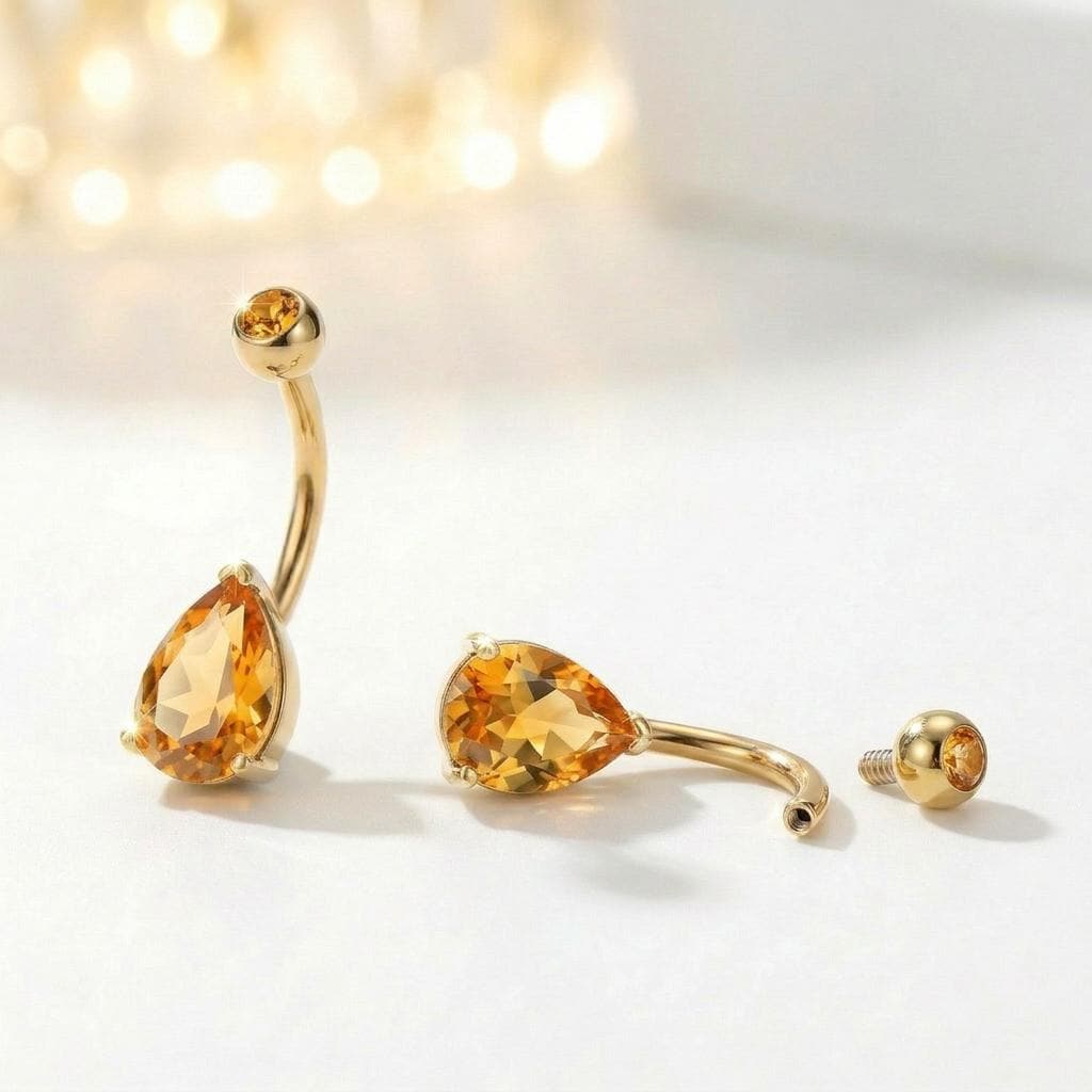 Elegant Gold Teardrop Citrine Navel Ring | Dainty Dangle Belly Button Piercing | Sparkling Gemstone Body Jewelry Gift