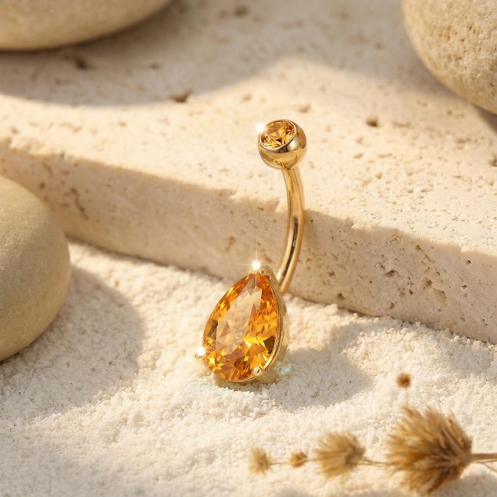 Elegant Gold Teardrop Citrine Navel Ring | Dainty Dangle Belly Button Piercing | Sparkling Gemstone Body Jewelry Gift
