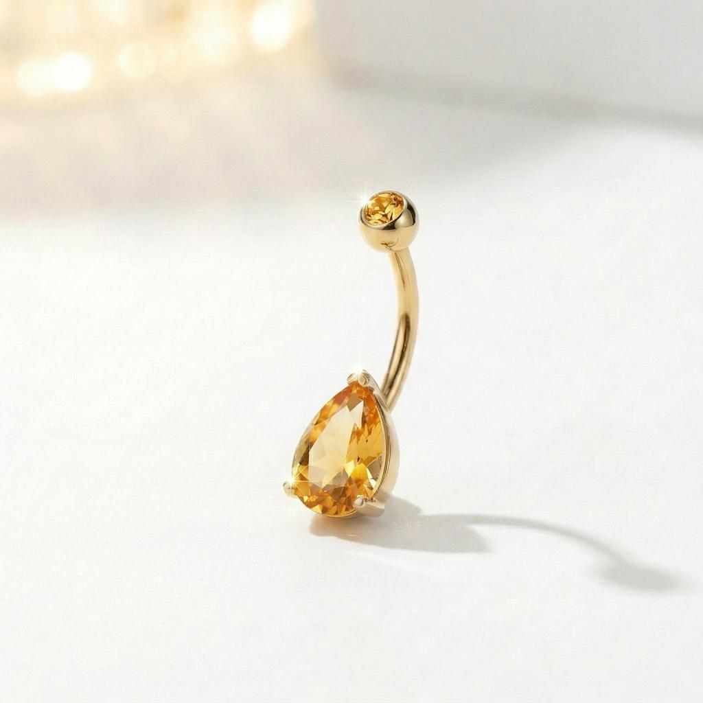 Elegant Gold Teardrop Citrine Navel Ring | Dainty Dangle Belly Button Piercing | Sparkling Gemstone Body Jewelry Gift