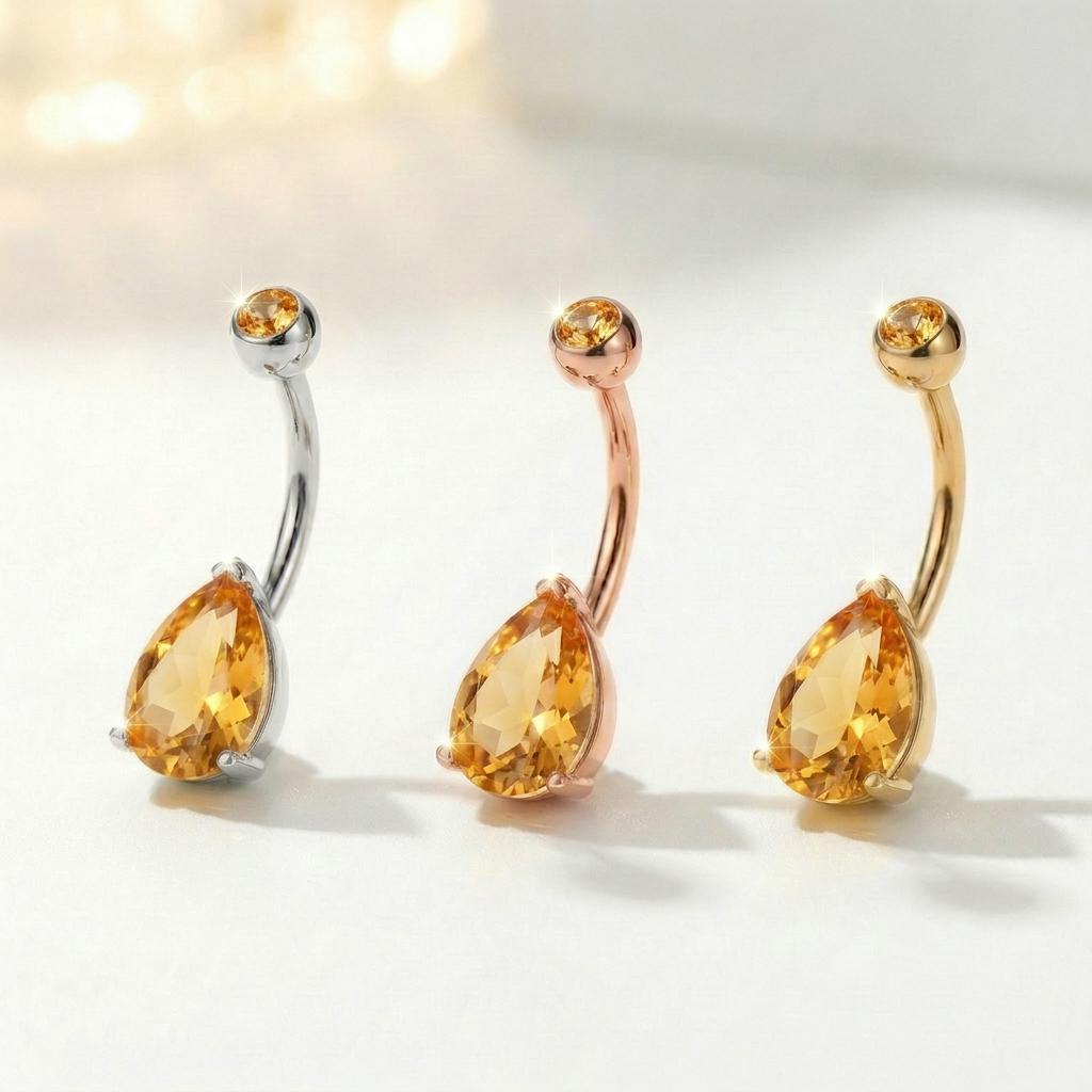 Elegant Gold Teardrop Citrine Navel Ring | Dainty Dangle Belly Button Piercing | Sparkling Gemstone Body Jewelry Gift