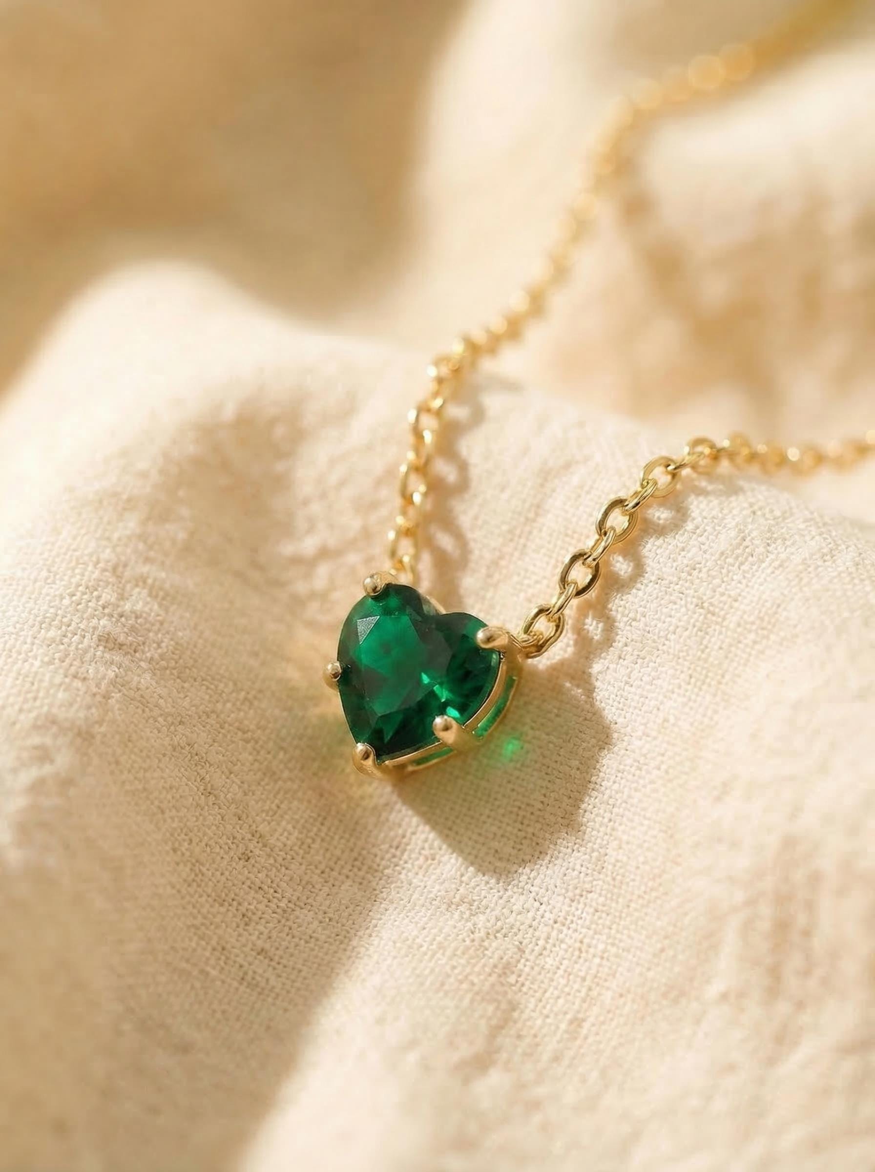 Dainty Emerald Green Heart Necklace, Gold Plated Love Pendant, Minimalist Jewelry Gift for Her, May Birthstone, Anniversary