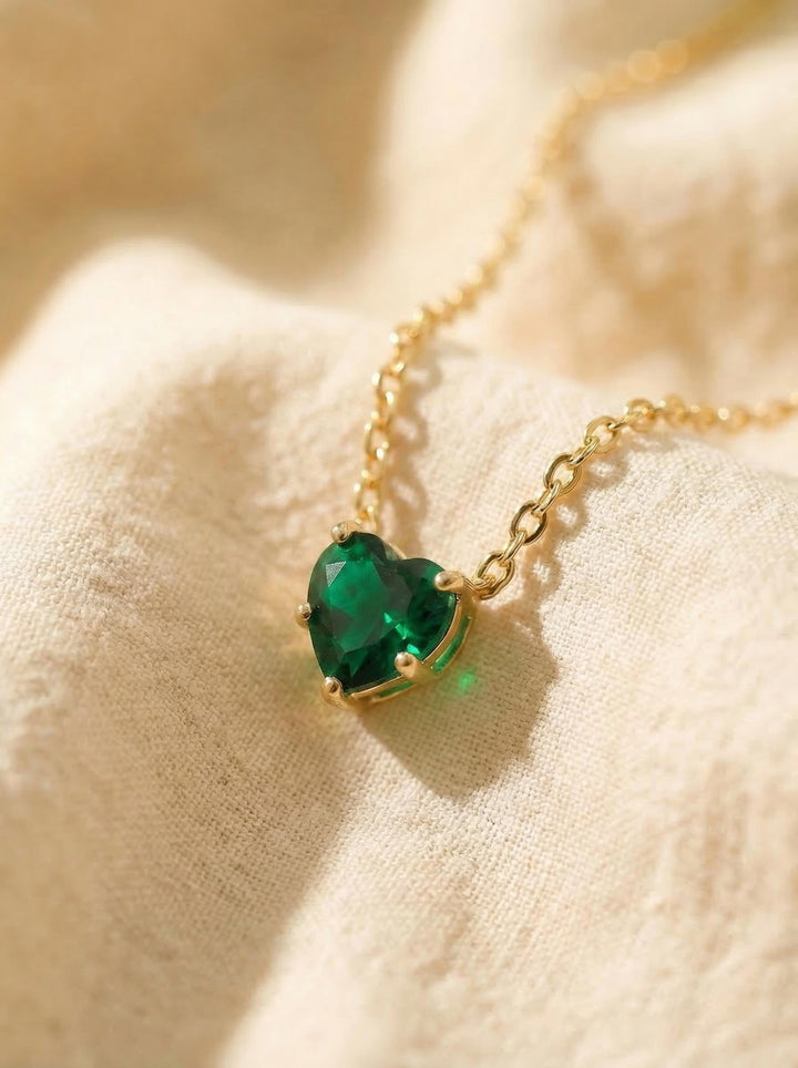 Dainty Emerald Green Heart Necklace, Gold Plated Love Pendant, Minimalist Jewelry Gift for Her, May Birthstone, Anniversary