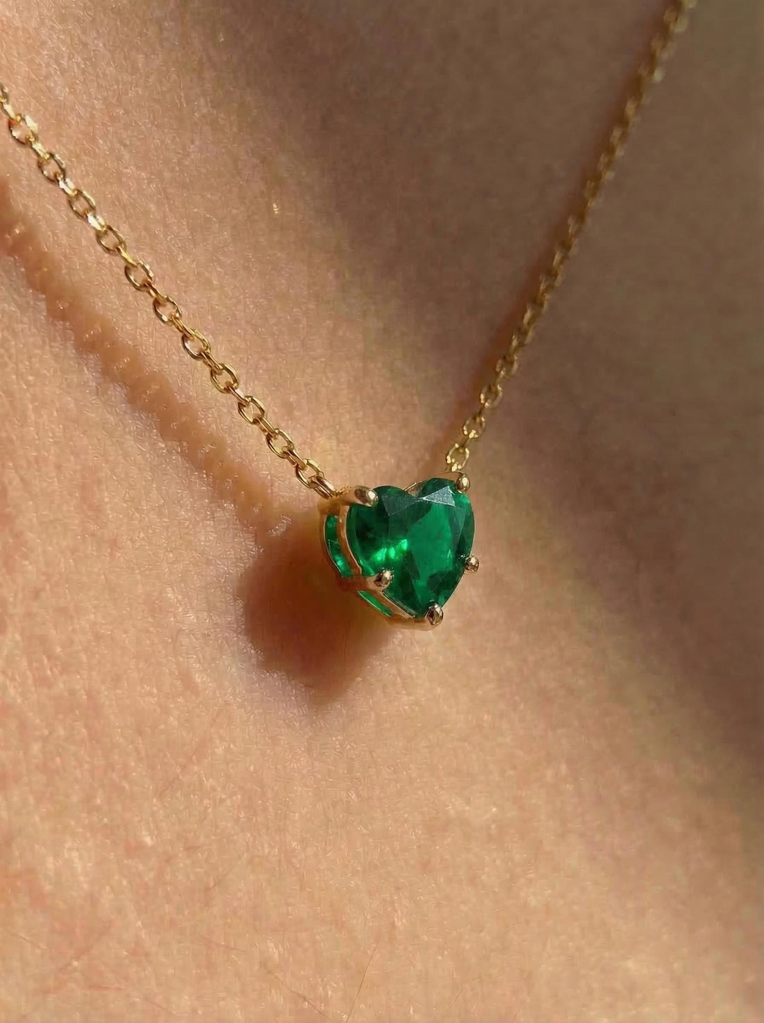 Dainty Emerald Green Heart Necklace, Gold Plated Love Pendant, Minimalist Jewelry Gift for Her, May Birthstone, Anniversary