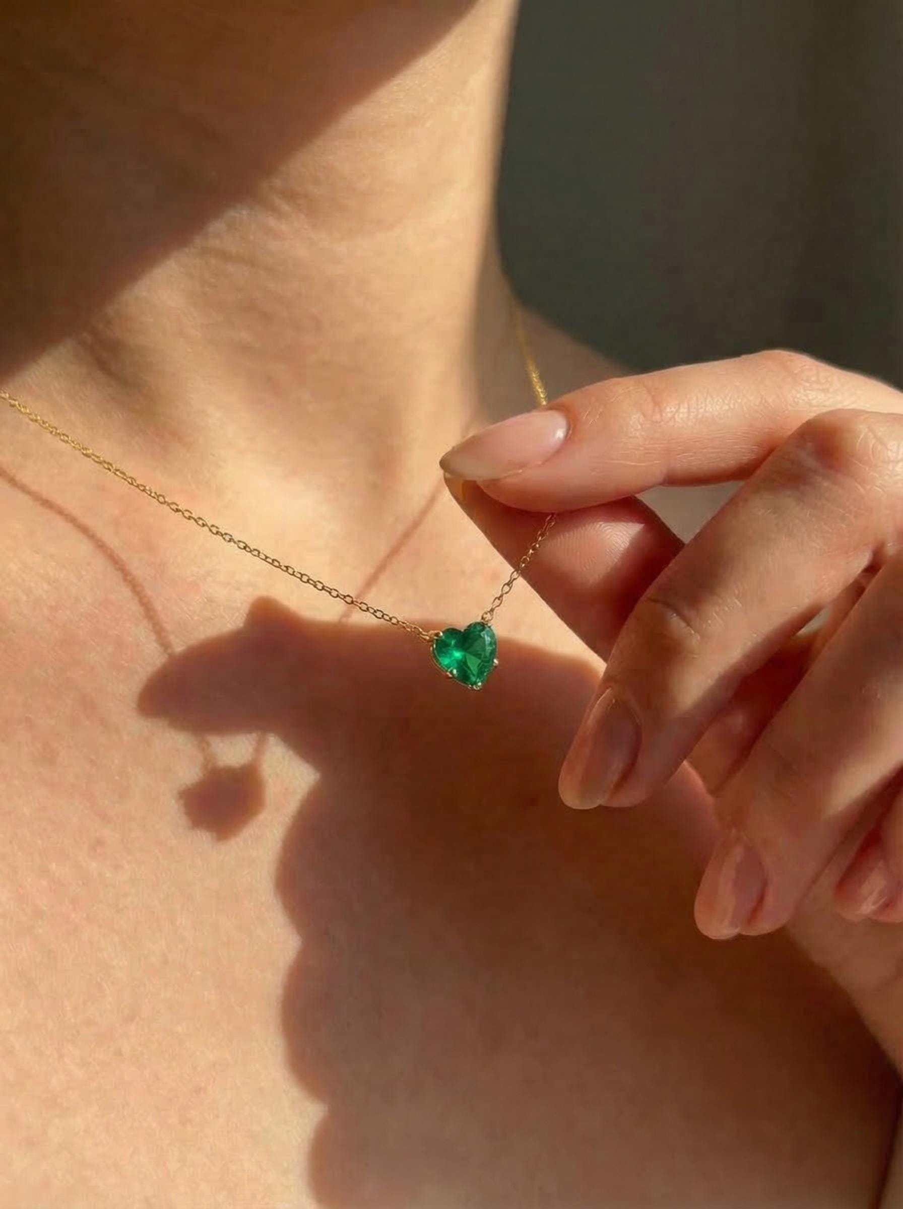 Dainty Emerald Green Heart Necklace, Gold Plated Love Pendant, Minimalist Jewelry Gift for Her, May Birthstone, Anniversary